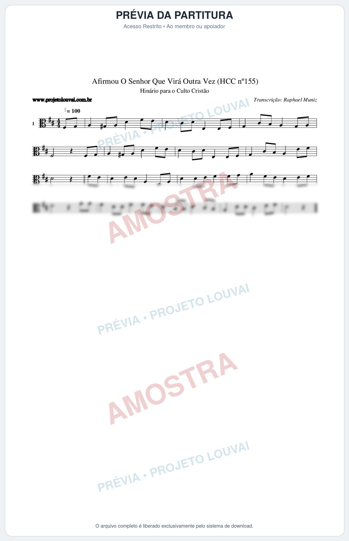 Prévia protegida da primeira página da partitura Partitura da música Afirmou O Senhor Que Virá Outra Vez (HCC nº155) - Hinário para o Culto Cristão - Tom D