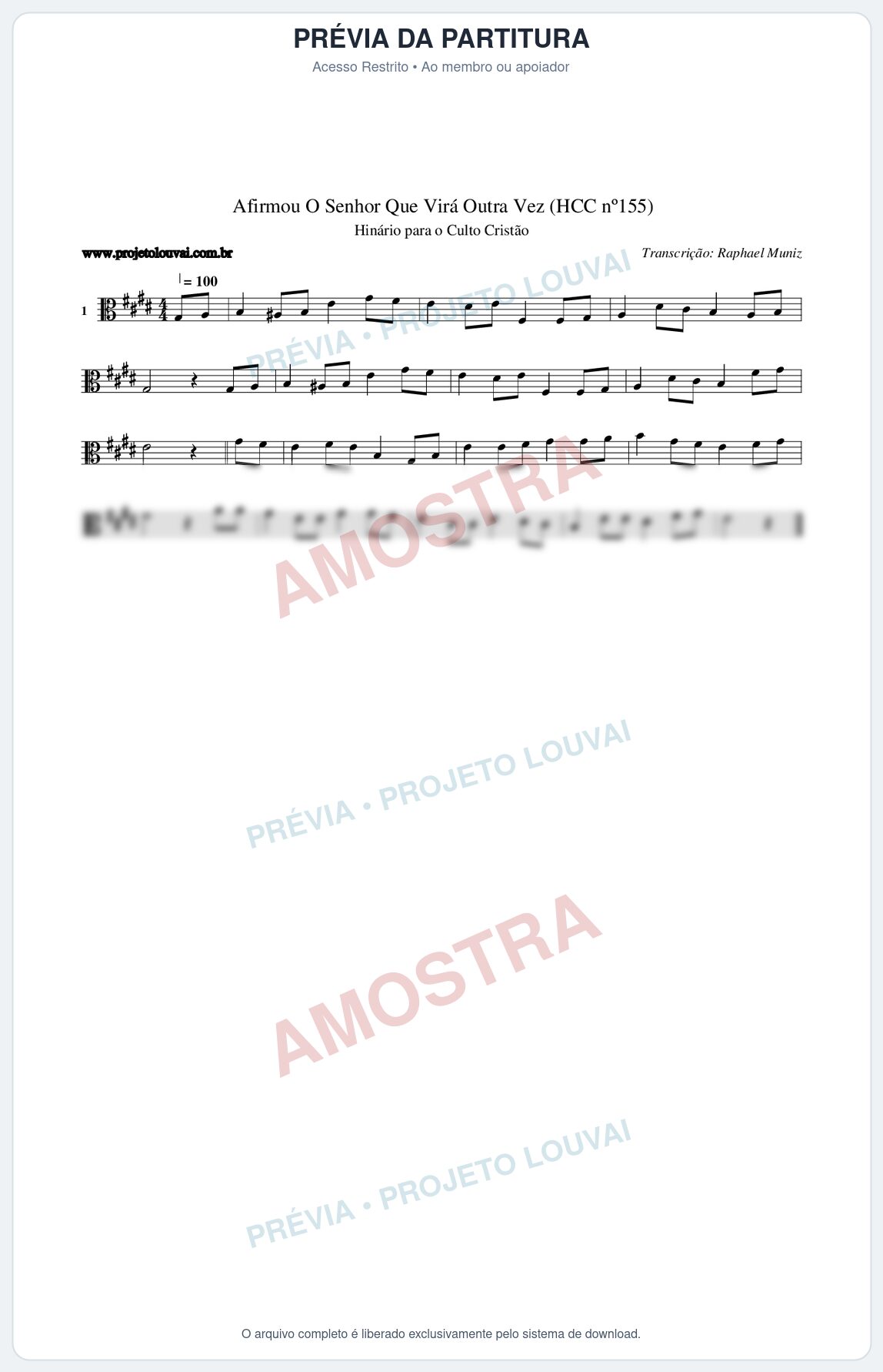 Prévia protegida da primeira página da partitura Partitura da música Afirmou O Senhor Que Virá Outra Vez (HCC nº155) - Hinário para o Culto Cristão - Tom E