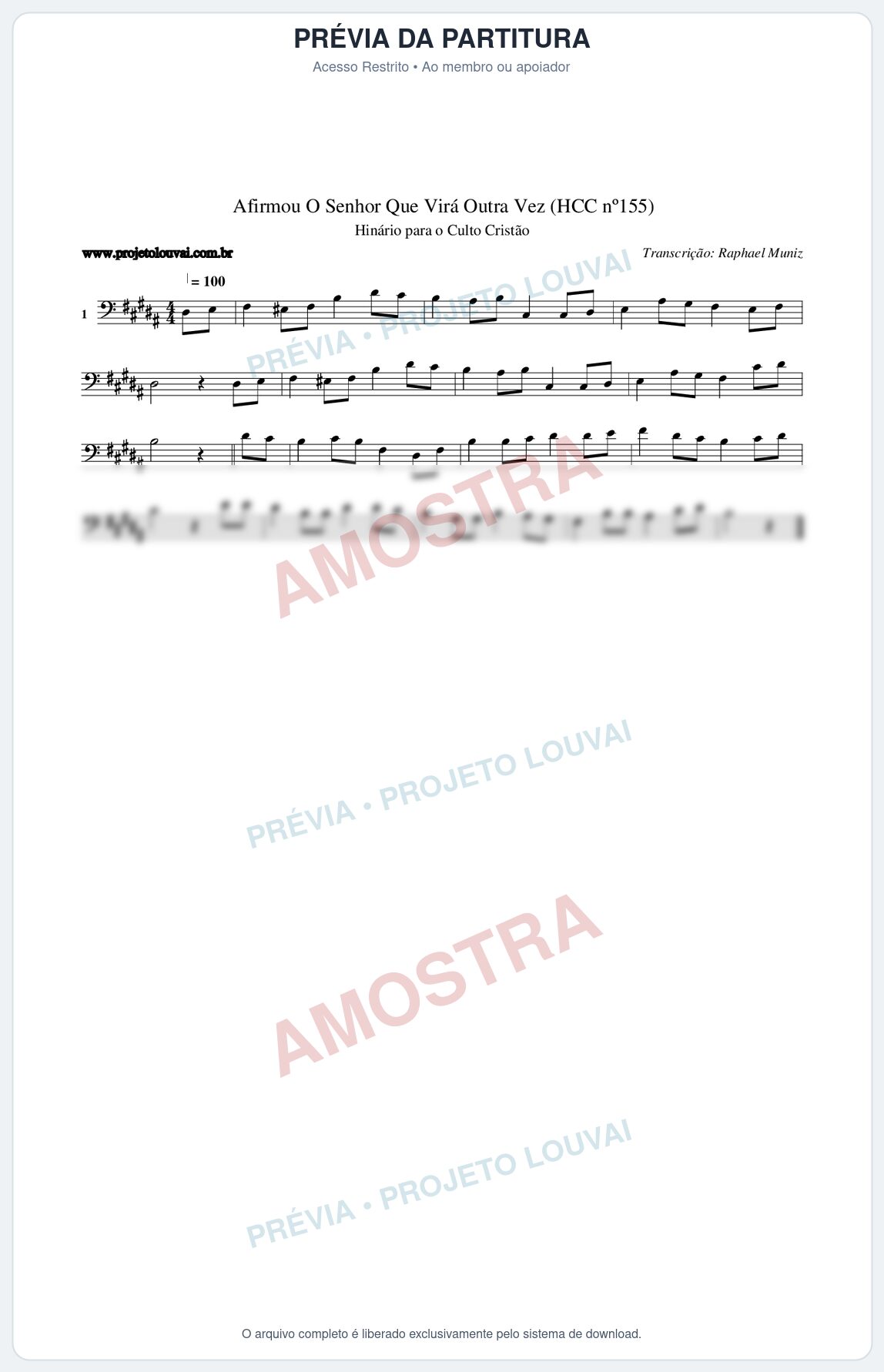 Prévia protegida da primeira página da partitura Partitura da música Afirmou O Senhor Que Virá Outra Vez (HCC nº155) - Hinário para o Culto Cristão - Tom B
