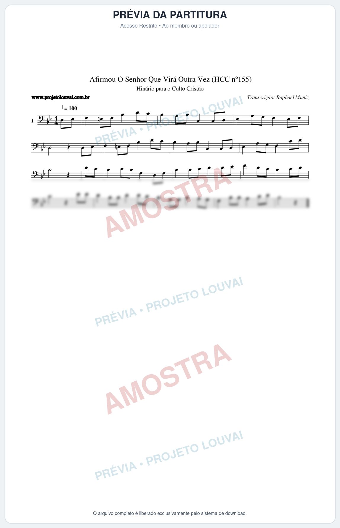 Prévia protegida da primeira página da partitura Partitura da música Afirmou O Senhor Que Virá Outra Vez (HCC nº155) - Hinário para o Culto Cristão - Tom Bb