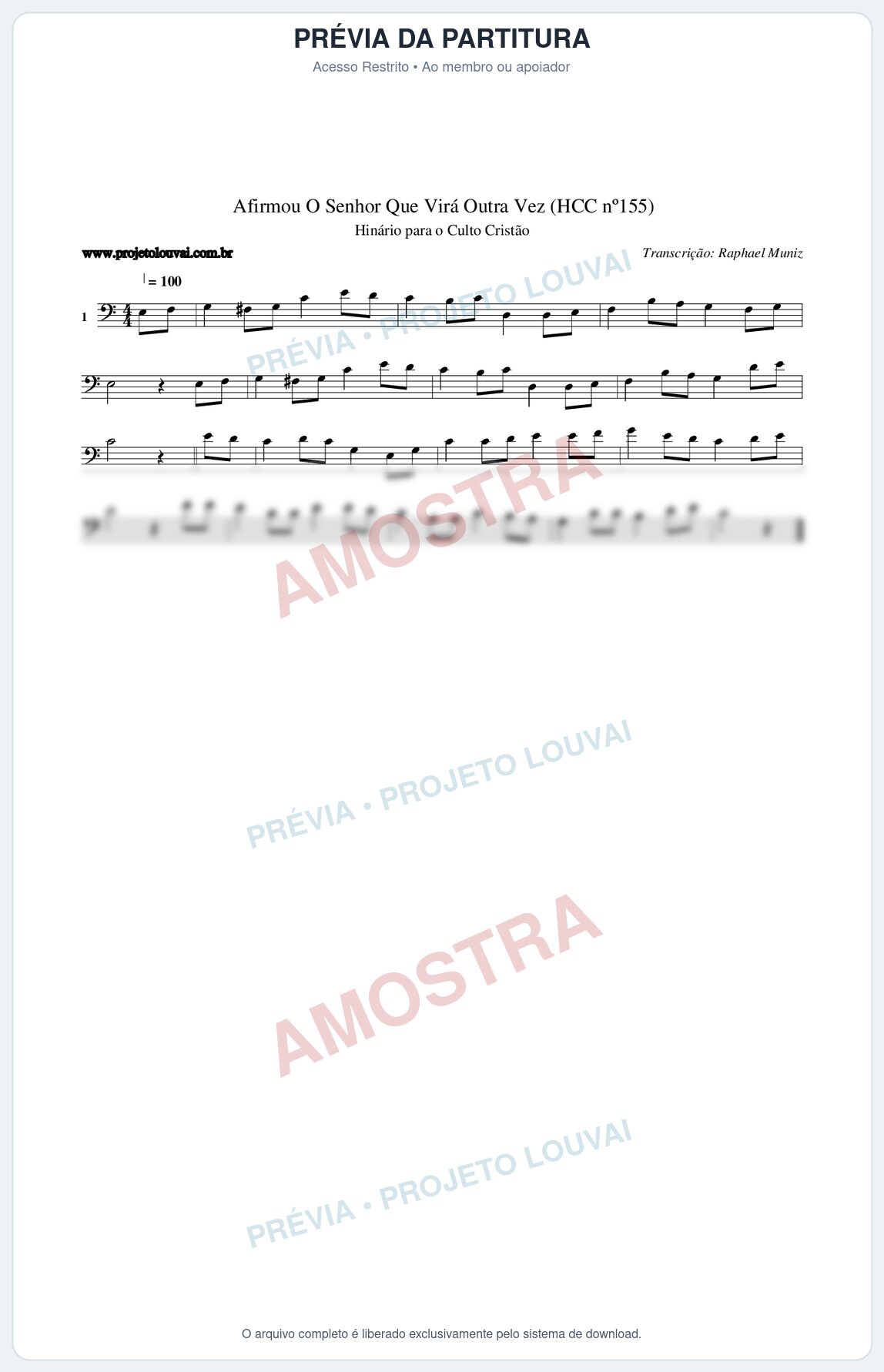 Prévia protegida da primeira página da partitura Partitura da música Afirmou O Senhor Que Virá Outra Vez (HCC nº155) - Hinário para o Culto Cristão - Tom C
