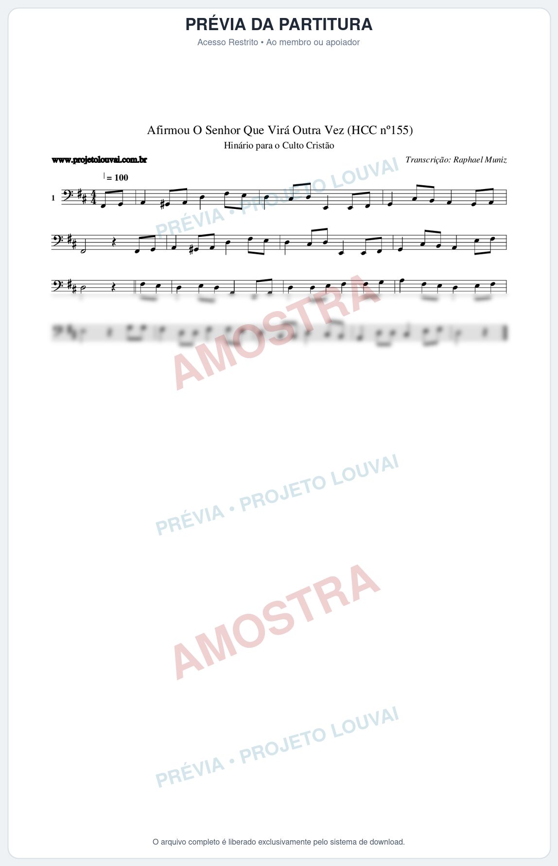Prévia protegida da primeira página da partitura Partitura da música Afirmou O Senhor Que Virá Outra Vez (HCC nº155) - Hinário para o Culto Cristão - Tom D
