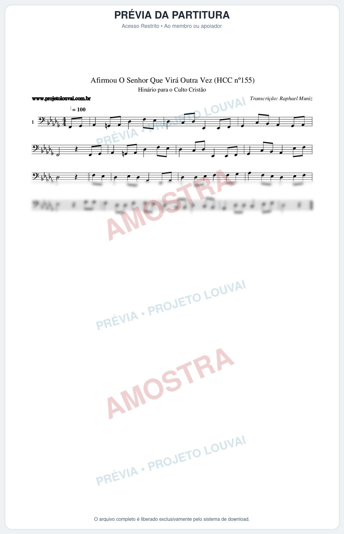 Prévia protegida da primeira página da partitura Partitura da música Afirmou O Senhor Que Virá Outra Vez (HCC nº155) - Hinário para o Culto Cristão - Tom Db