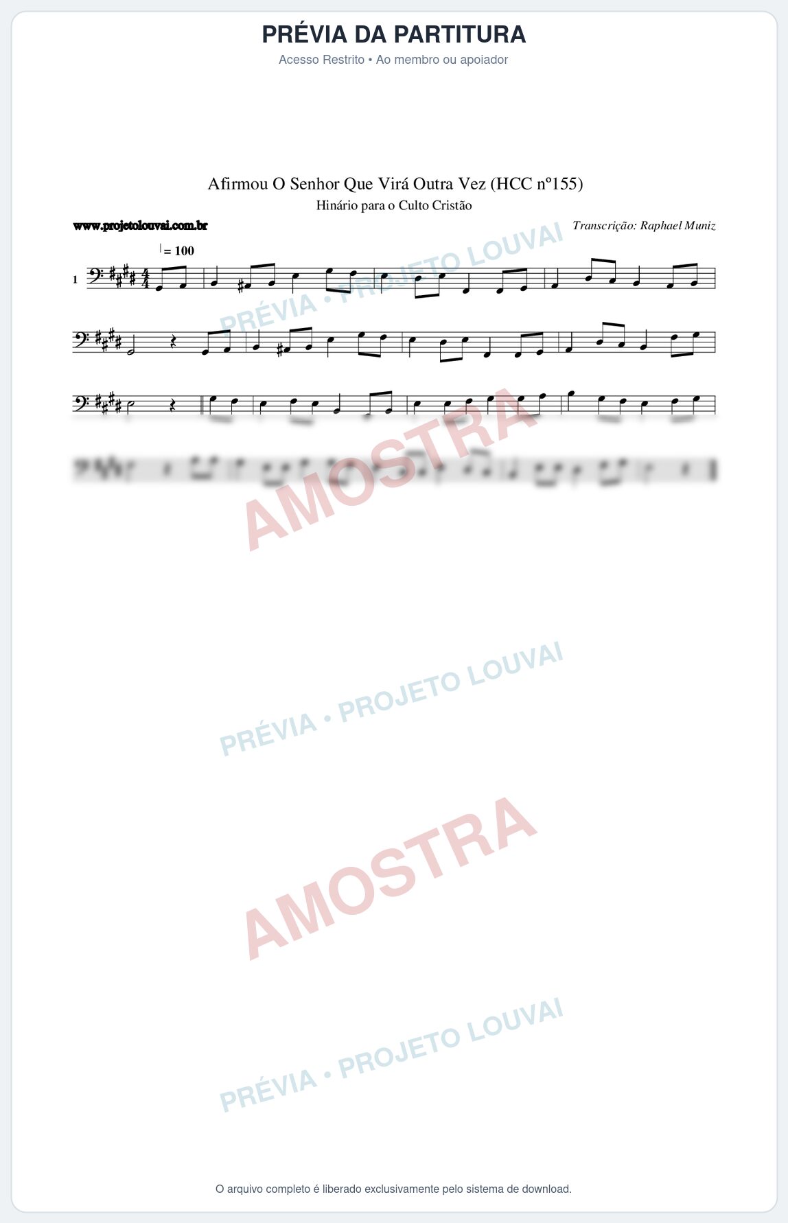 Prévia protegida da primeira página da partitura Partitura da música Afirmou O Senhor Que Virá Outra Vez (HCC nº155) - Hinário para o Culto Cristão - Tom E