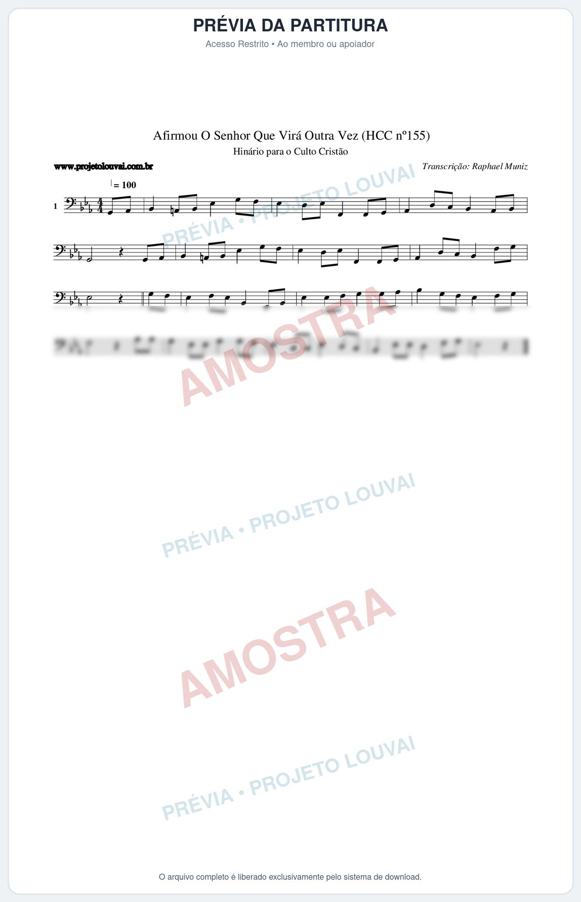 Prévia protegida da primeira página da partitura Partitura da música Afirmou O Senhor Que Virá Outra Vez (HCC nº155) - Hinário para o Culto Cristão - Tom Eb
