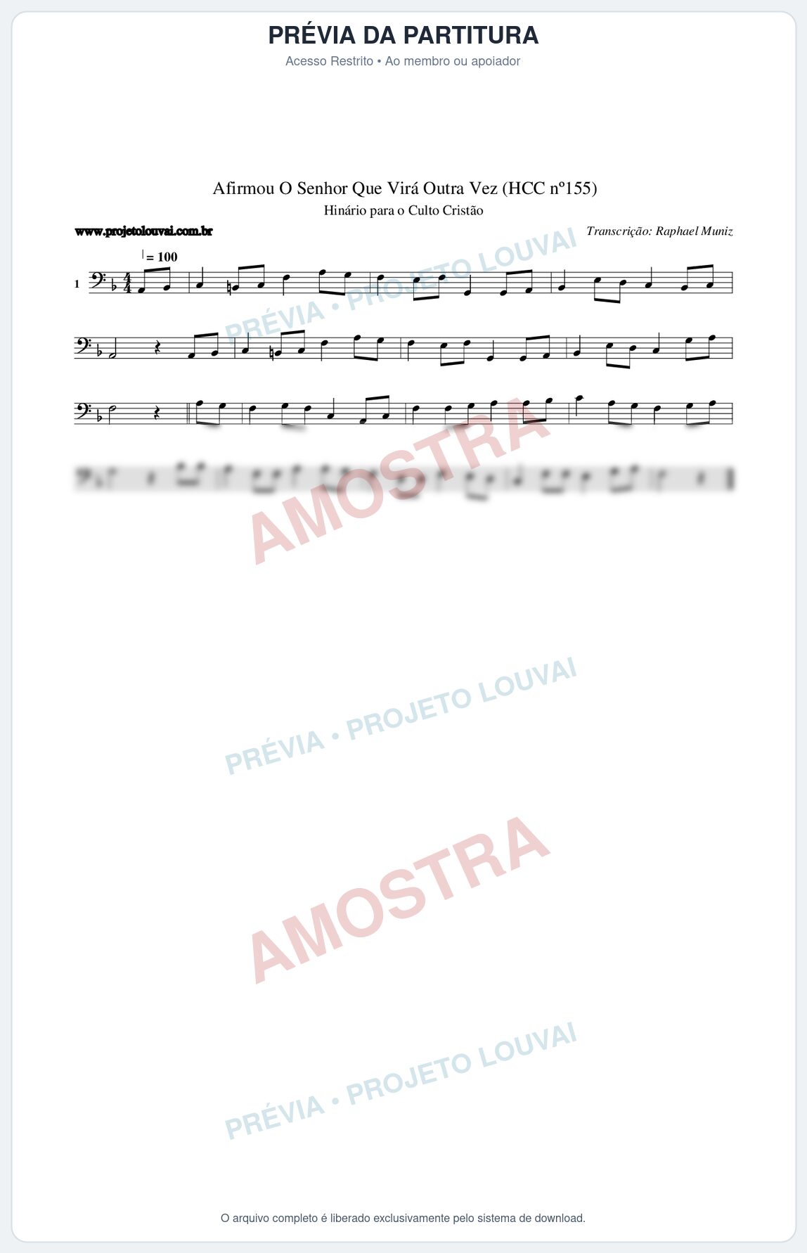 Prévia protegida da primeira página da partitura Partitura da música Afirmou O Senhor Que Virá Outra Vez (HCC nº155) - Hinário para o Culto Cristão - Tom F