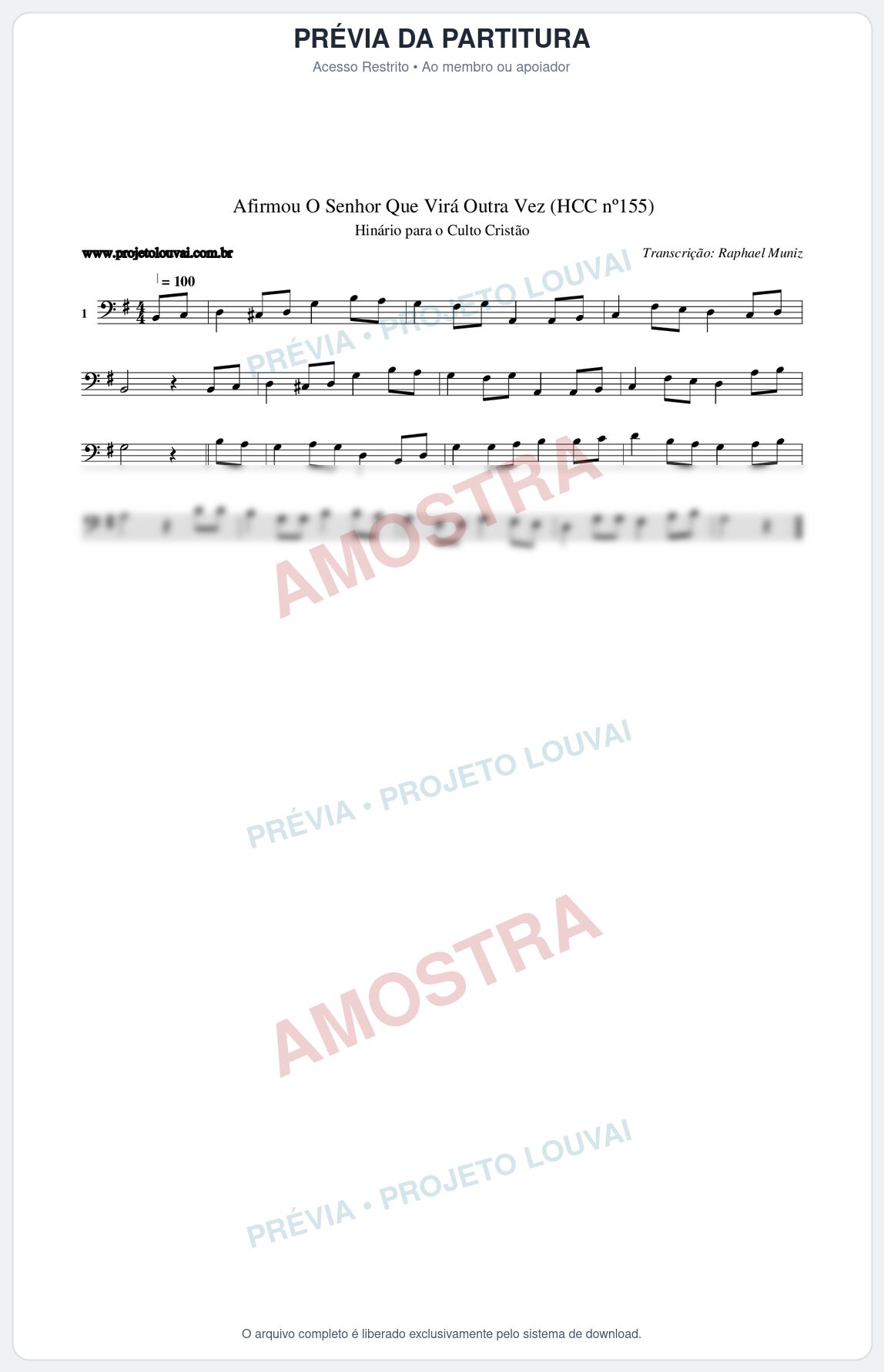 Prévia protegida da primeira página da partitura Partitura da música Afirmou O Senhor Que Virá Outra Vez (HCC nº155) - Hinário para o Culto Cristão - Tom G