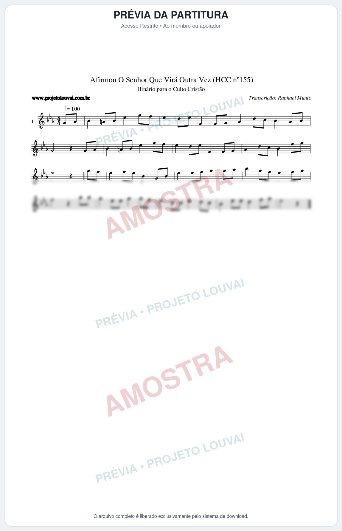 Prévia protegida da primeira página da partitura Partitura da música Afirmou O Senhor Que Virá Outra Vez (HCC nº155) - Hinário para o Culto Cristão - Tom Eb