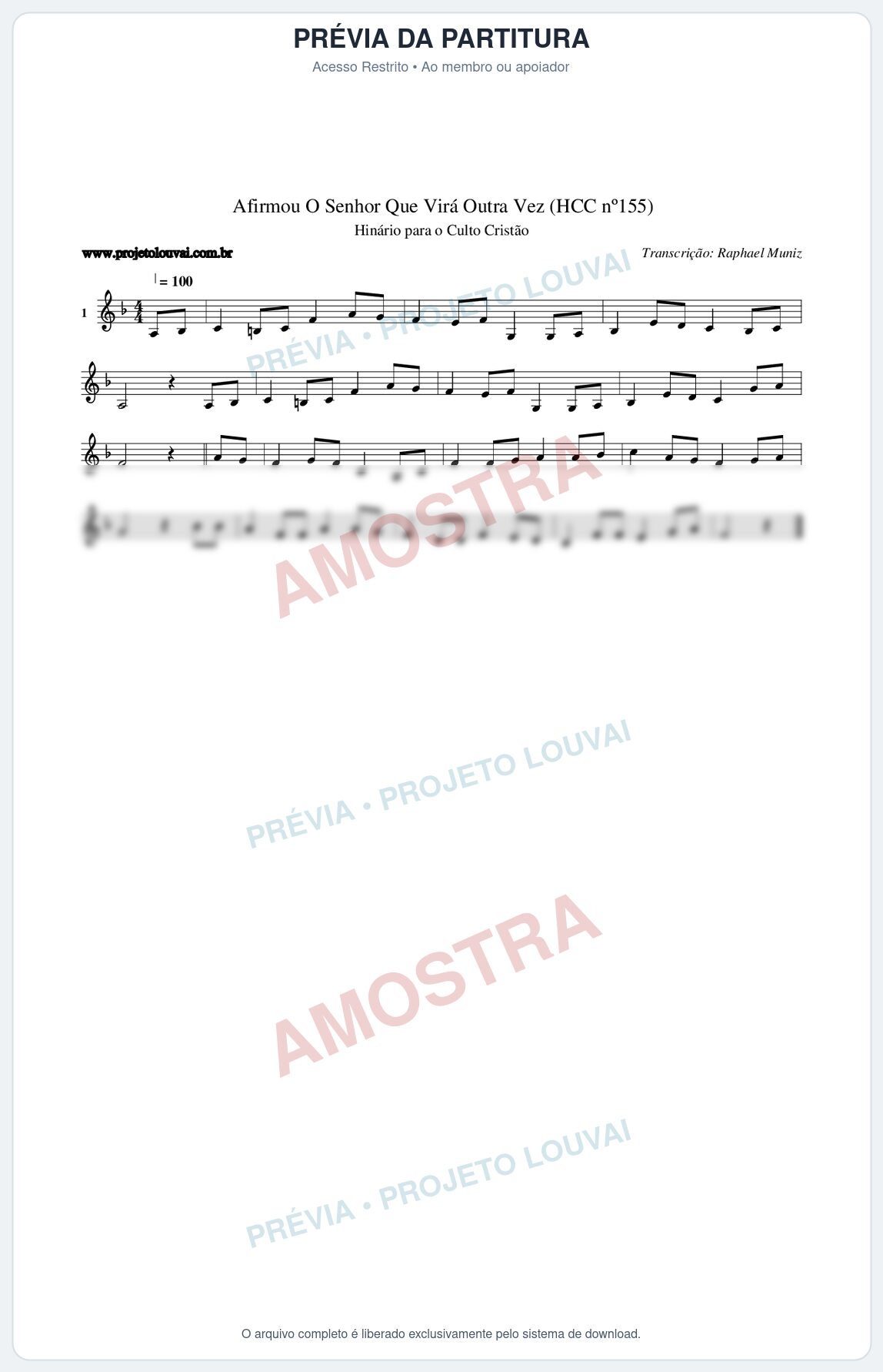 Prévia protegida da primeira página da partitura Partitura da música Afirmou O Senhor Que Virá Outra Vez (HCC nº155) - Hinário para o Culto Cristão - Tom F