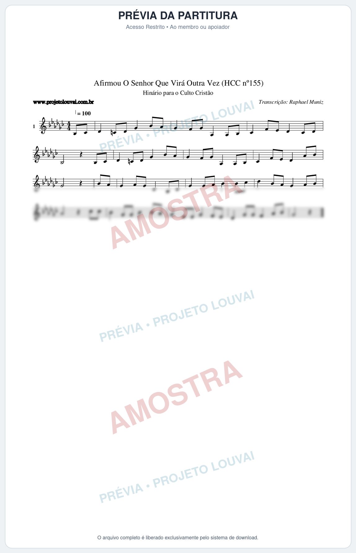 Prévia protegida da primeira página da partitura Partitura da música Afirmou O Senhor Que Virá Outra Vez (HCC nº155) - Hinário para o Culto Cristão - Tom Gb