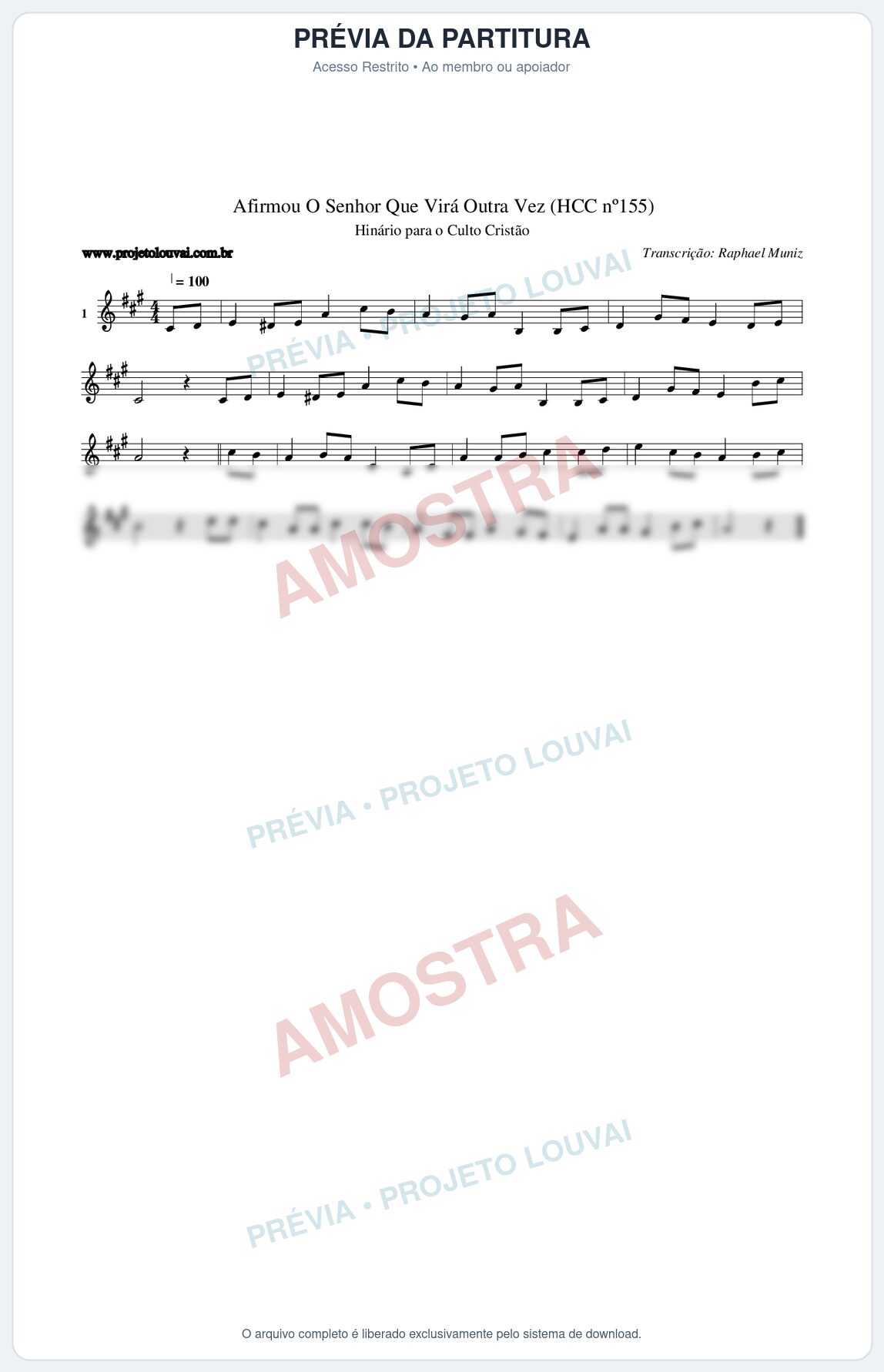 Prévia protegida da primeira página da partitura Partitura da música Afirmou O Senhor Que Virá Outra Vez (HCC nº155) - Hinário para o Culto Cristão - Tom A