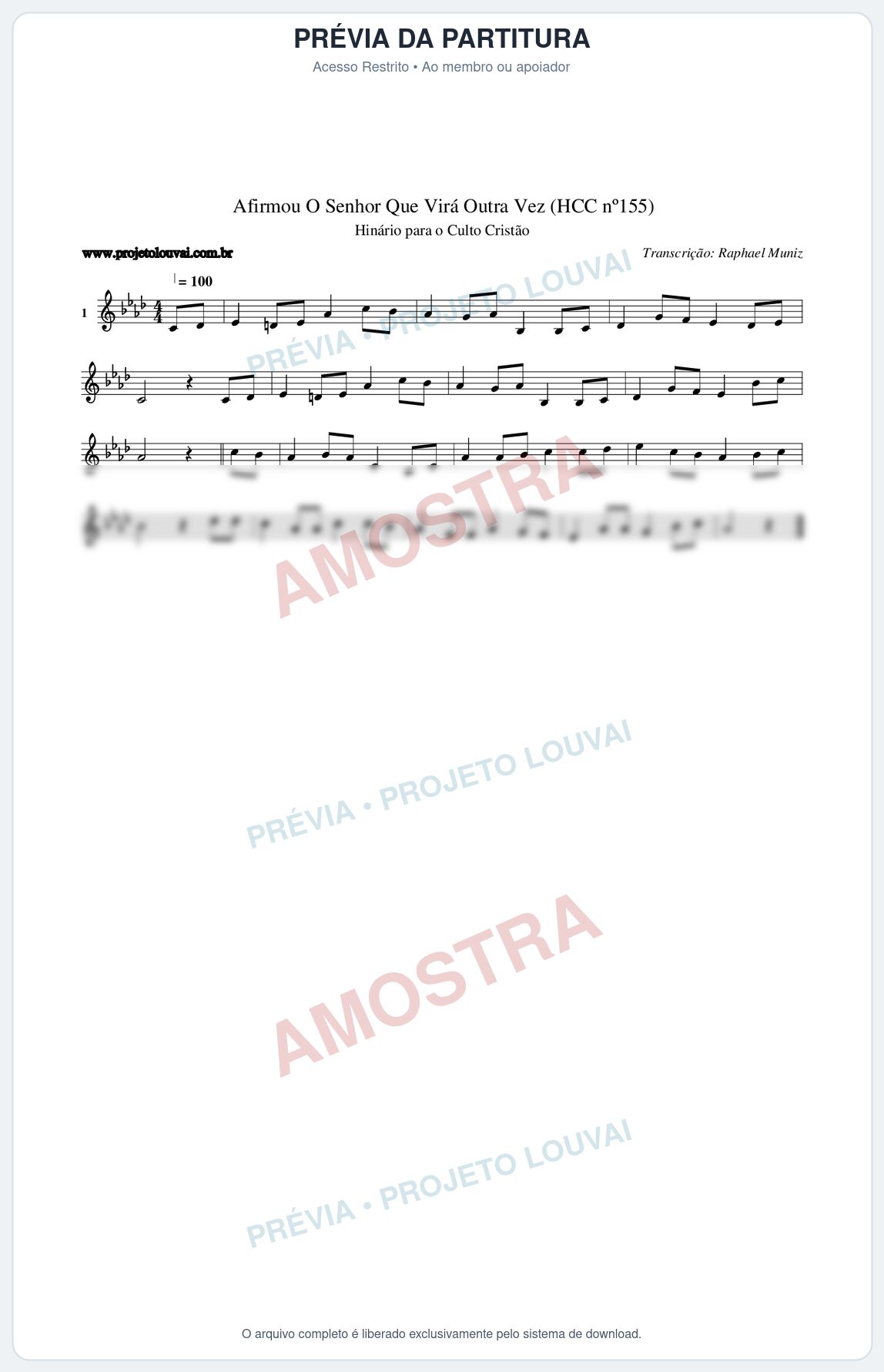 Prévia protegida da primeira página da partitura Partitura da música Afirmou O Senhor Que Virá Outra Vez (HCC nº155) - Hinário para o Culto Cristão - Tom Ab