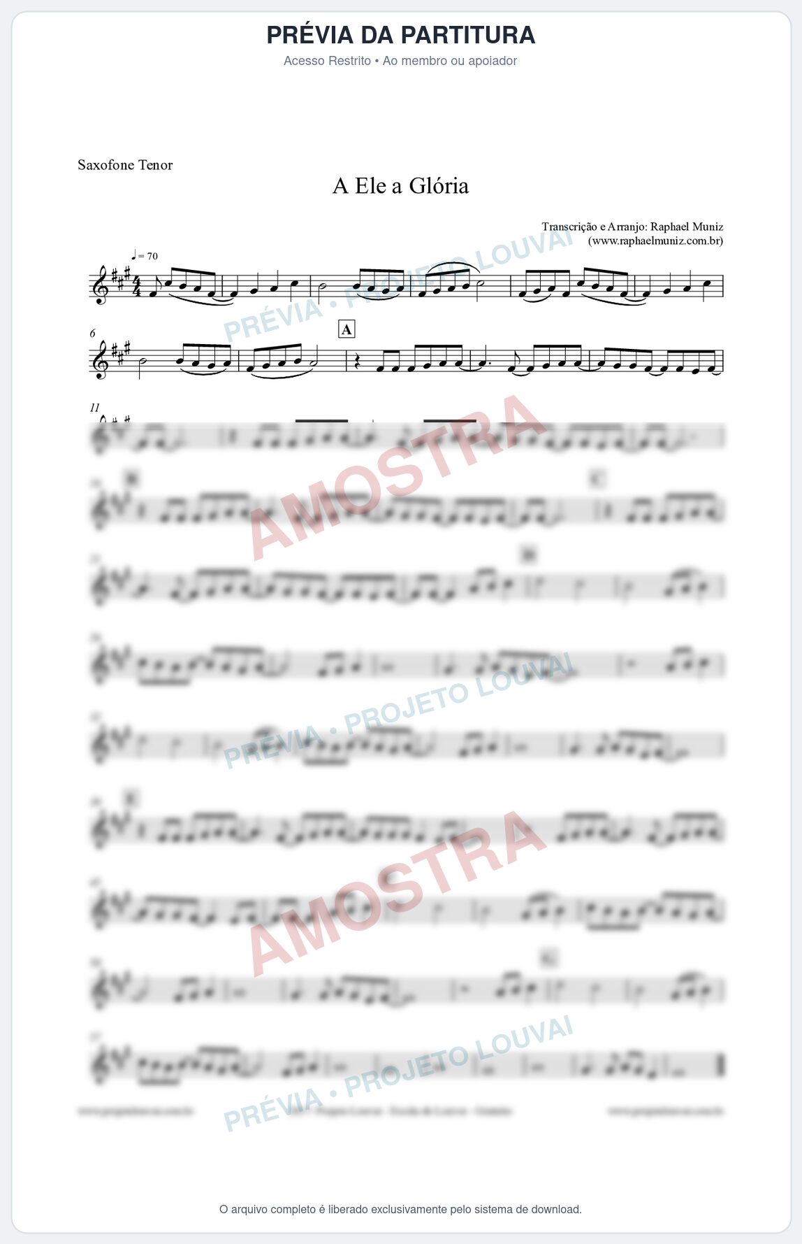 Prévia protegida da primeira página da partitura Partitura para Sax Tenor - A Ele a Glória - Diante do Trono