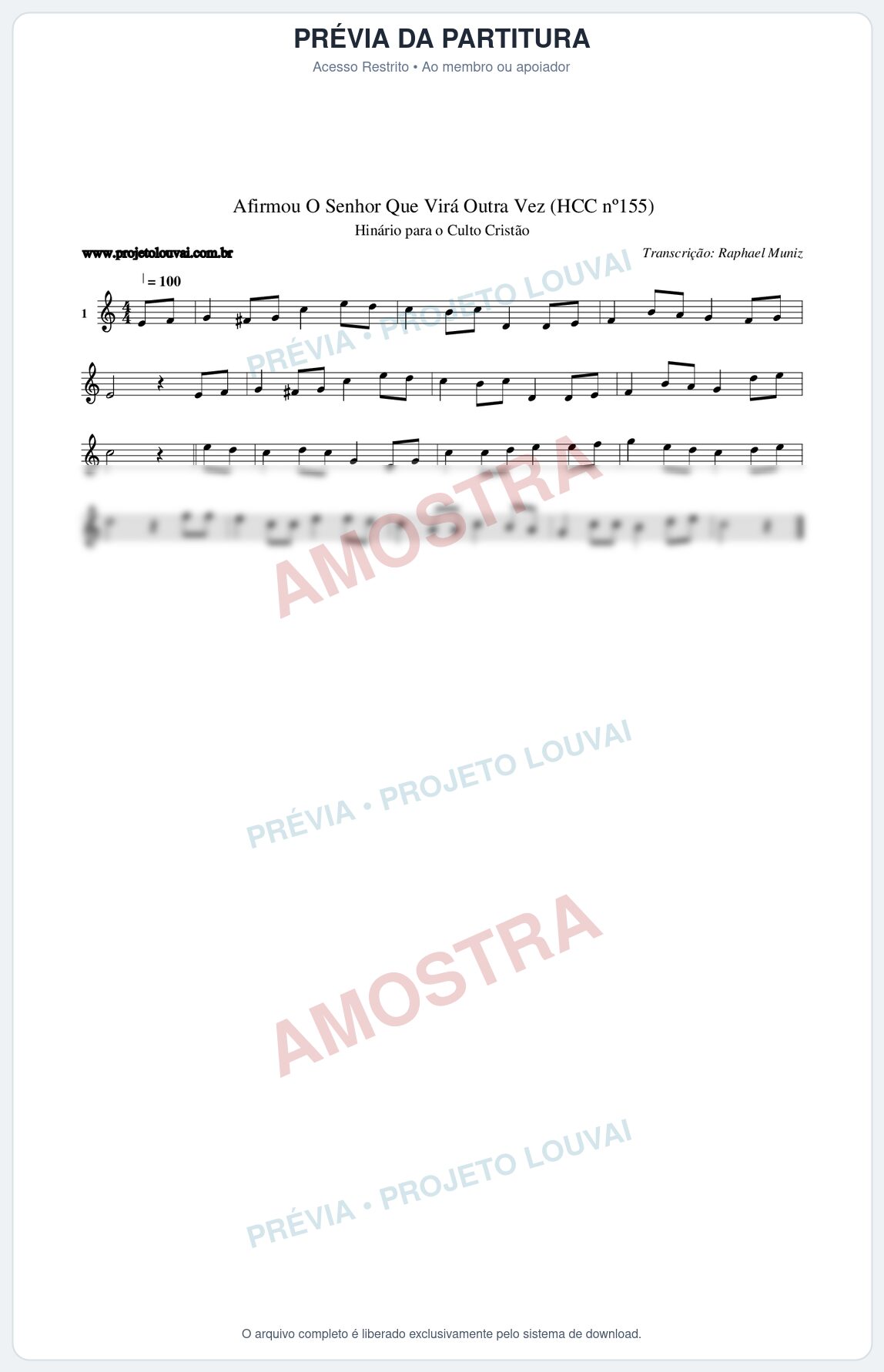 Prévia protegida da primeira página da partitura Partitura da música Afirmou O Senhor Que Virá Outra Vez (HCC nº155) - Hinário para o Culto Cristão - Tom C