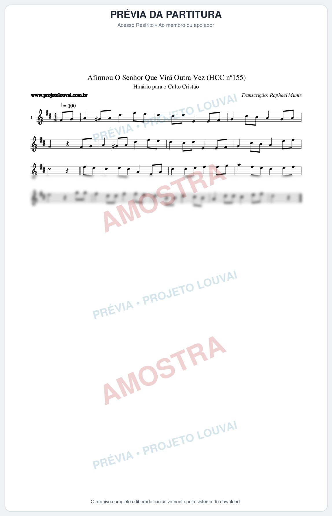 Prévia protegida da primeira página da partitura Partitura da música Afirmou O Senhor Que Virá Outra Vez (HCC nº155) - Hinário para o Culto Cristão - Tom D