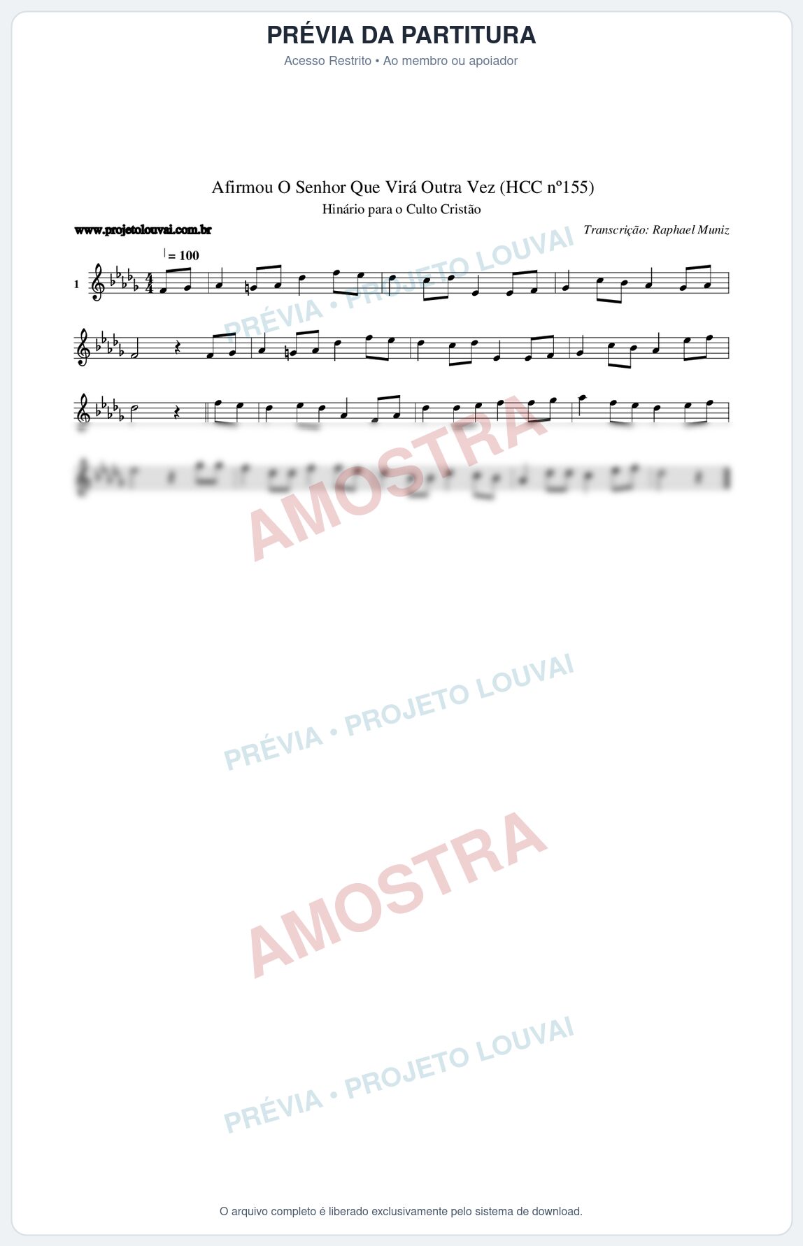Prévia protegida da primeira página da partitura Partitura da música Afirmou O Senhor Que Virá Outra Vez (HCC nº155) - Hinário para o Culto Cristão - Tom Db