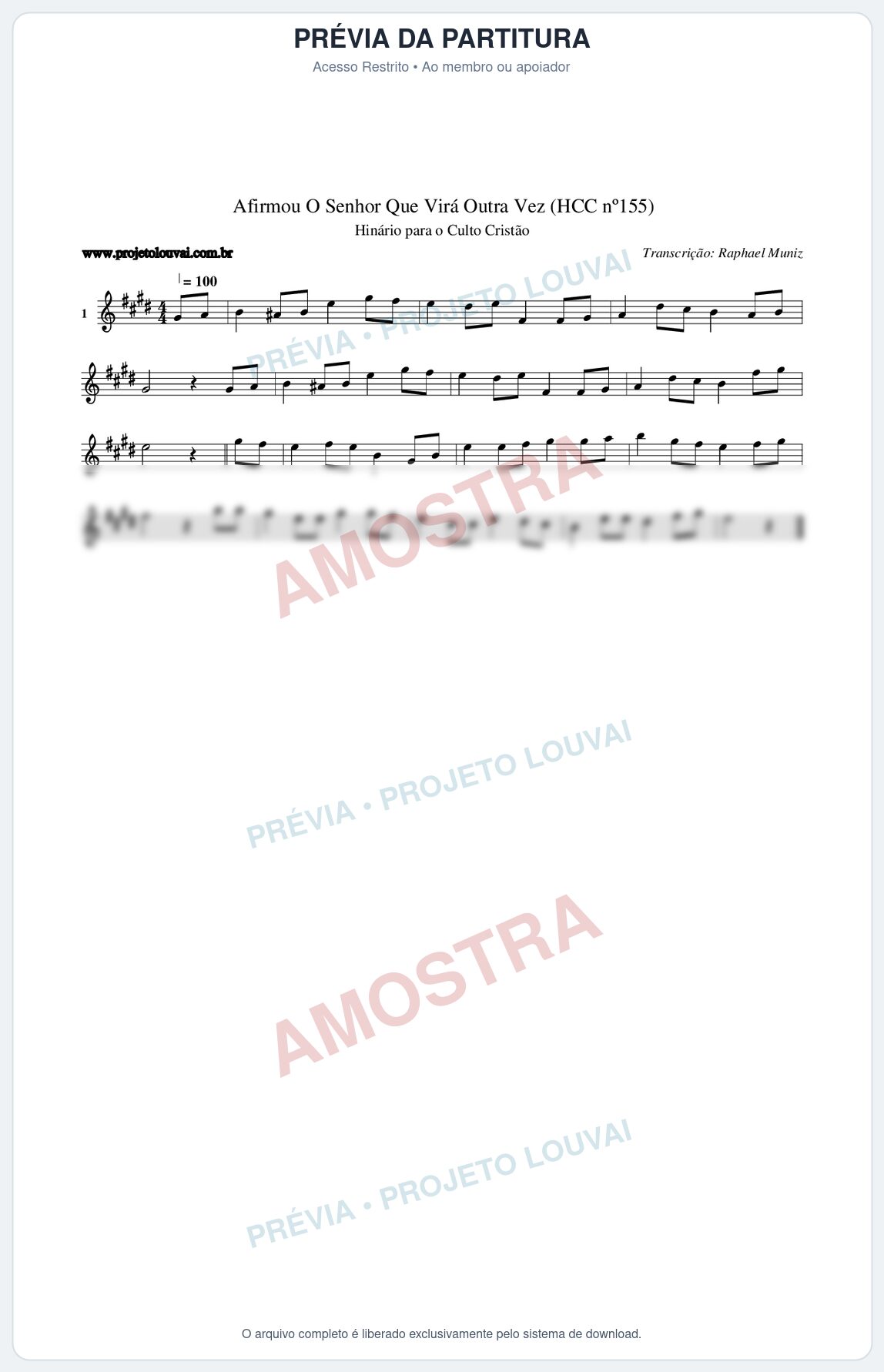 Prévia protegida da primeira página da partitura Partitura da música Afirmou O Senhor Que Virá Outra Vez (HCC nº155) - Hinário para o Culto Cristão - Tom E