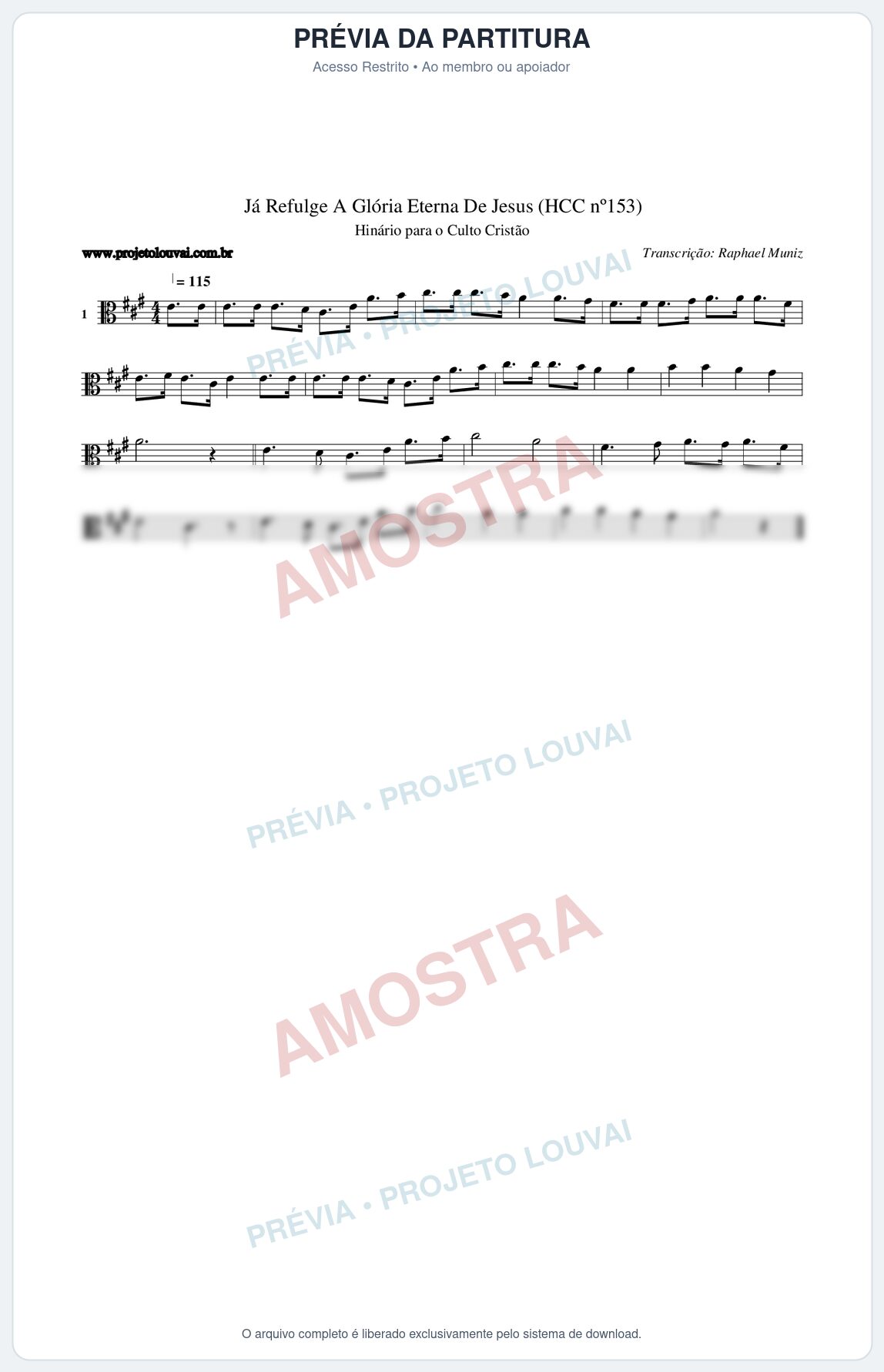 Prévia protegida da primeira página da partitura Partitura da música Já Refulge A Glória Eterna De Jesus (HCC nº153) - Hinário para o Culto Cristão - Tom A