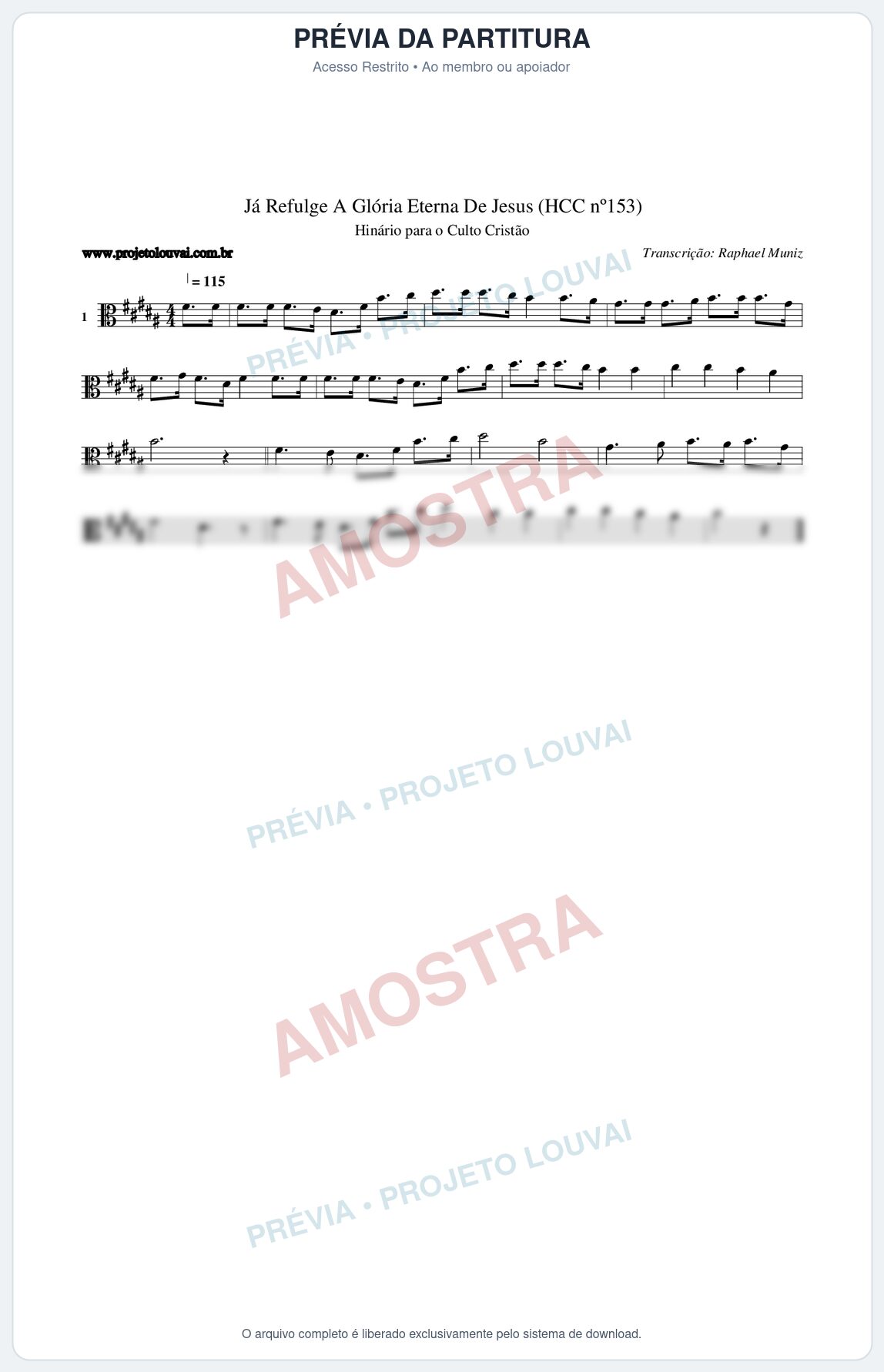 Prévia protegida da primeira página da partitura Partitura da música Já Refulge A Glória Eterna De Jesus (HCC nº153) - Hinário para o Culto Cristão - Tom B