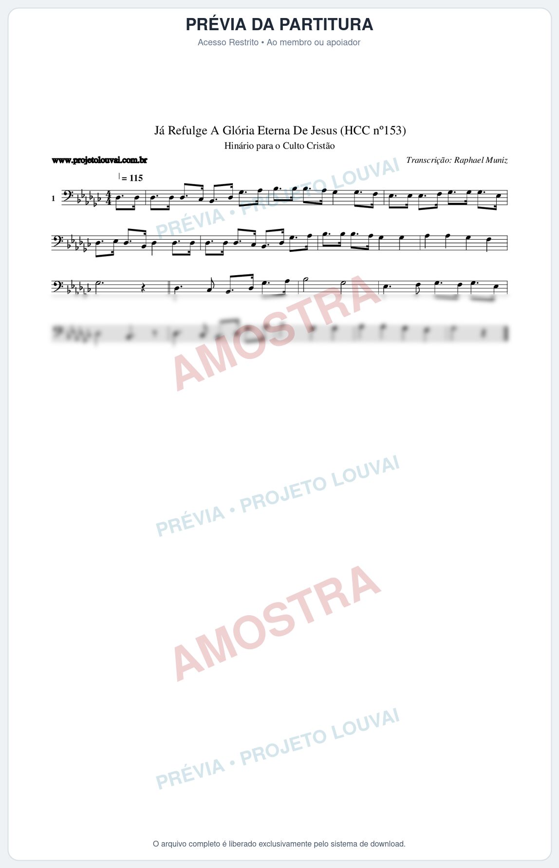 Prévia protegida da primeira página da partitura Partitura da música Já Refulge A Glória Eterna De Jesus (HCC nº153) - Hinário para o Culto Cristão - Tom Gb