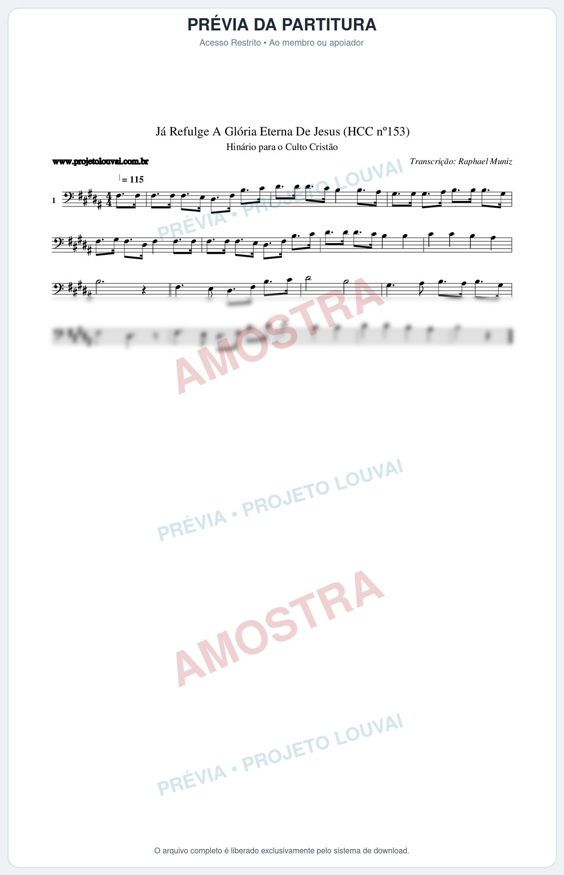 Prévia protegida da primeira página da partitura Partitura da música Já Refulge A Glória Eterna De Jesus (HCC nº153) - Hinário para o Culto Cristão - Tom B
