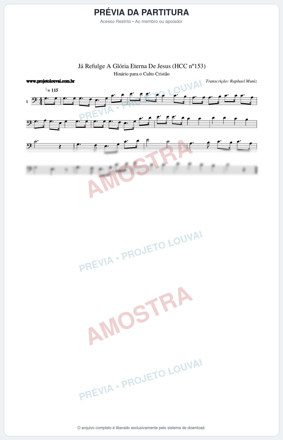 Prévia protegida da primeira página da partitura Partitura da música Já Refulge A Glória Eterna De Jesus (HCC nº153) - Hinário para o Culto Cristão - Tom C
