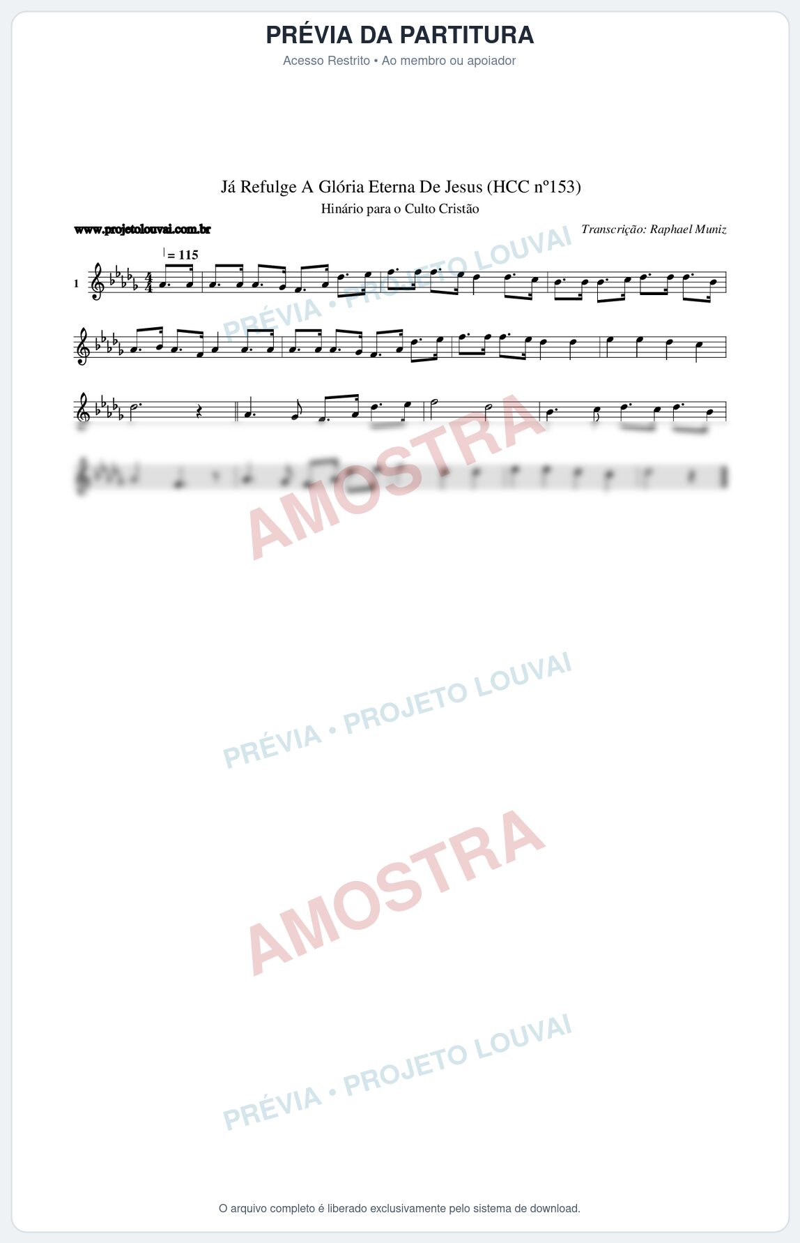 Prévia protegida da primeira página da partitura Partitura da música Já Refulge A Glória Eterna De Jesus (HCC nº153) - Hinário para o Culto Cristão - Tom Db