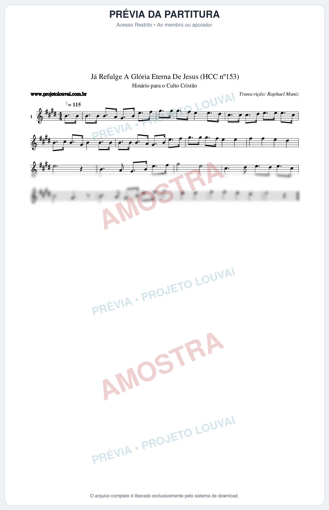 Prévia protegida da primeira página da partitura Partitura da música Já Refulge A Glória Eterna De Jesus (HCC nº153) - Hinário para o Culto Cristão - Tom E