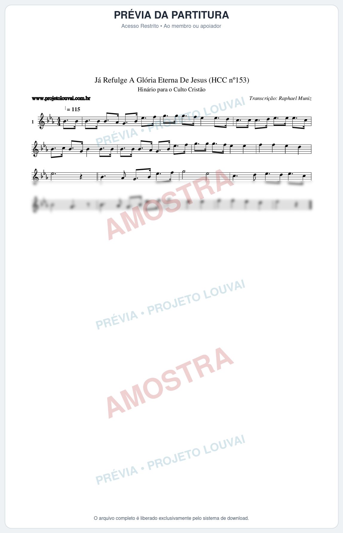Prévia protegida da primeira página da partitura Partitura da música Já Refulge A Glória Eterna De Jesus (HCC nº153) - Hinário para o Culto Cristão - Tom Eb
