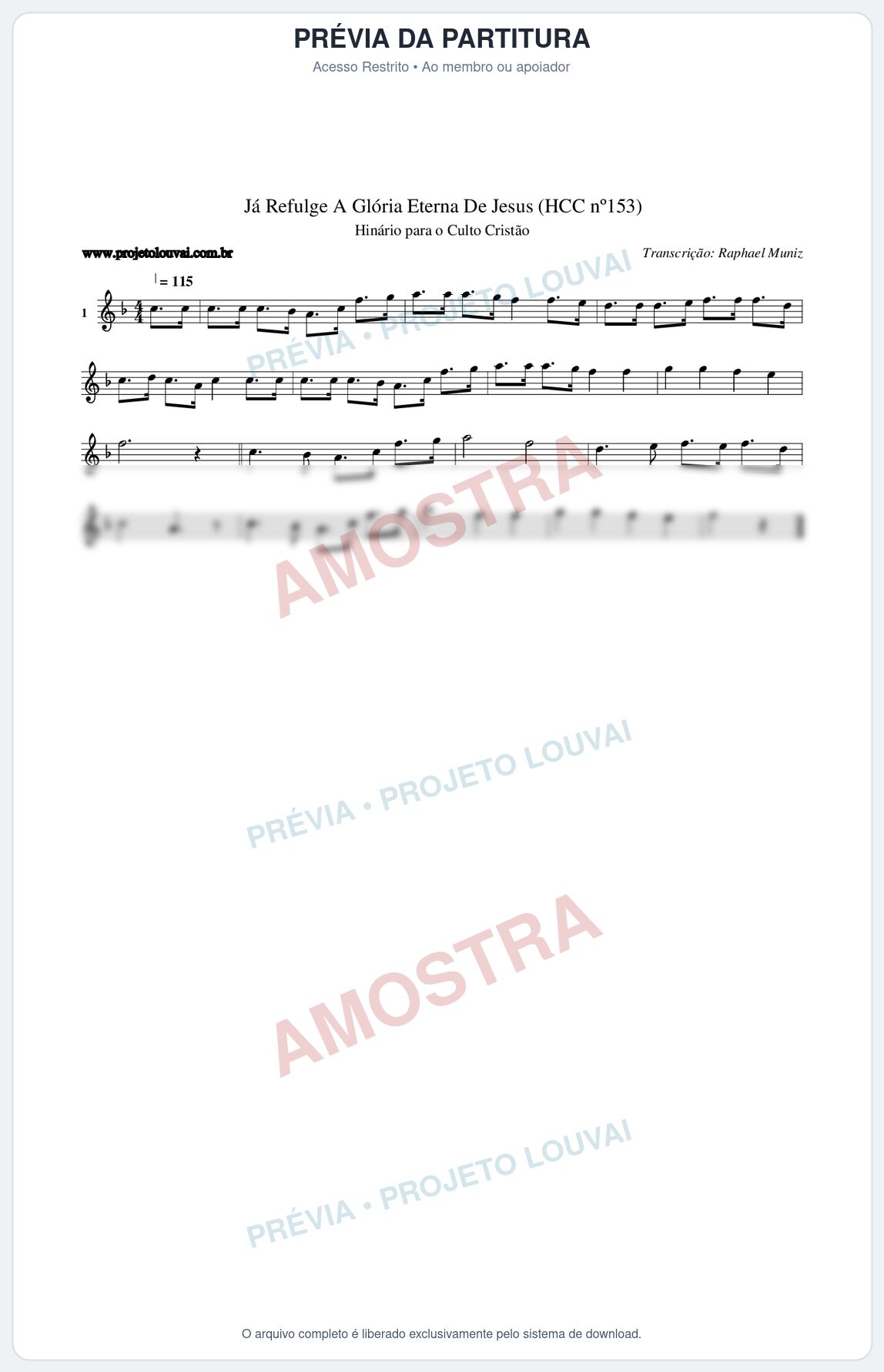 Prévia protegida da primeira página da partitura Partitura da música Já Refulge A Glória Eterna De Jesus (HCC nº153) - Hinário para o Culto Cristão - Tom F
