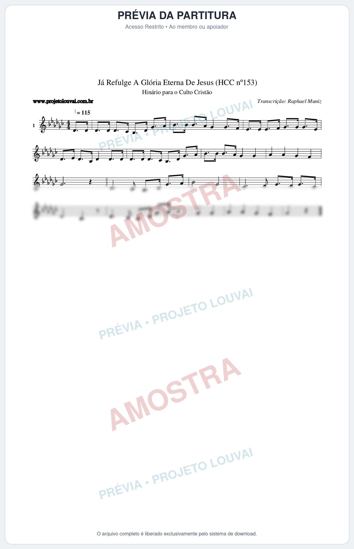 Prévia protegida da primeira página da partitura Partitura da música Já Refulge A Glória Eterna De Jesus (HCC nº153) - Hinário para o Culto Cristão - Tom Gb