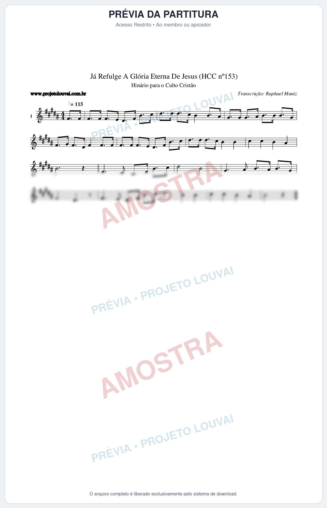 Prévia protegida da primeira página da partitura Partitura da música Já Refulge A Glória Eterna De Jesus (HCC nº153) - Hinário para o Culto Cristão - Tom B