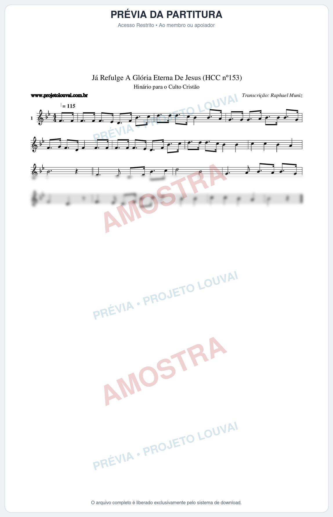 Prévia protegida da primeira página da partitura Partitura da música Já Refulge A Glória Eterna De Jesus (HCC nº153) - Hinário para o Culto Cristão - Tom Bb
