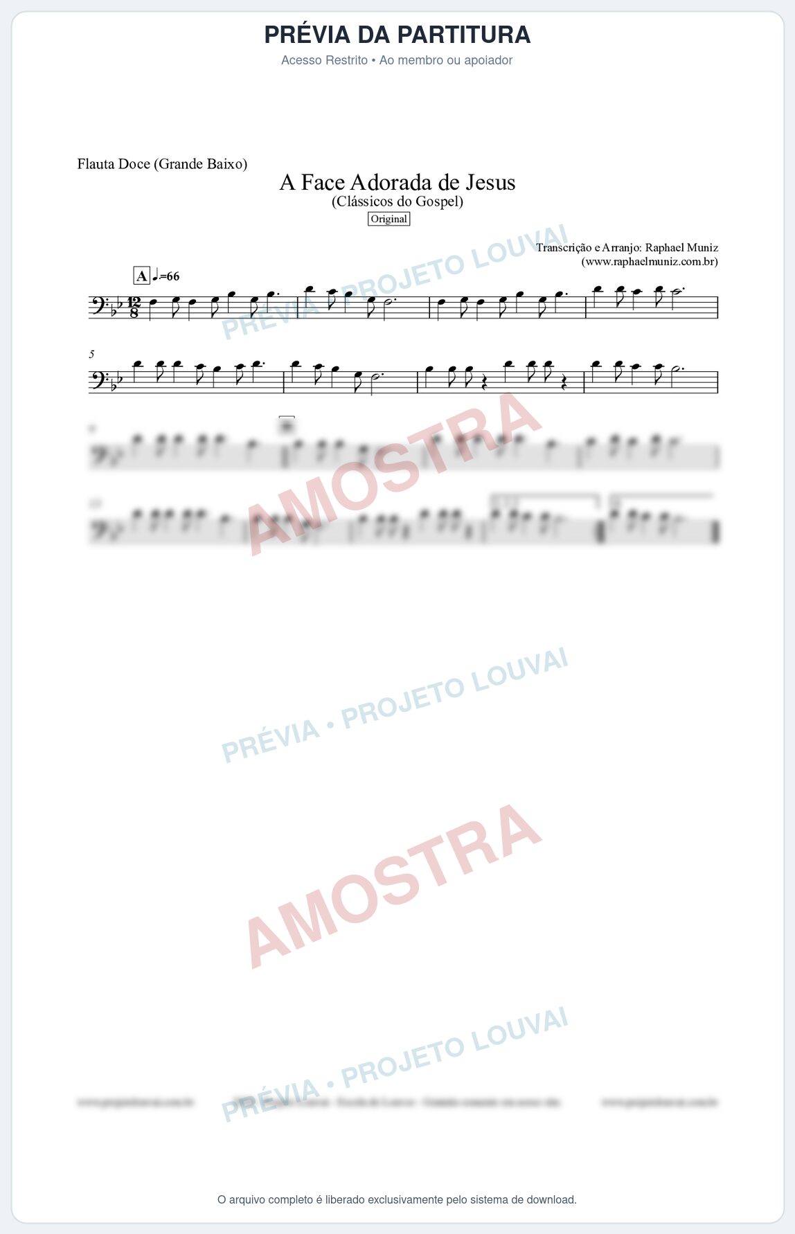 Prévia protegida da primeira página da partitura Partitura para Flauta Doce (Grande Baixo) - A Face Adorada de Jesus - Harpa Cristã 304 (Tom Bb) - Clássicos do Gospel