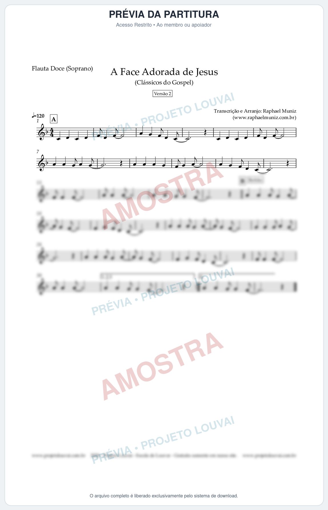 Prévia protegida da primeira página da partitura Partitura para Flauta Doce (Soprano) - A Face Adorada de Jesus - Harpa Cristã 304 (Versão 2) (Tom F) - Clássicos do Gospel