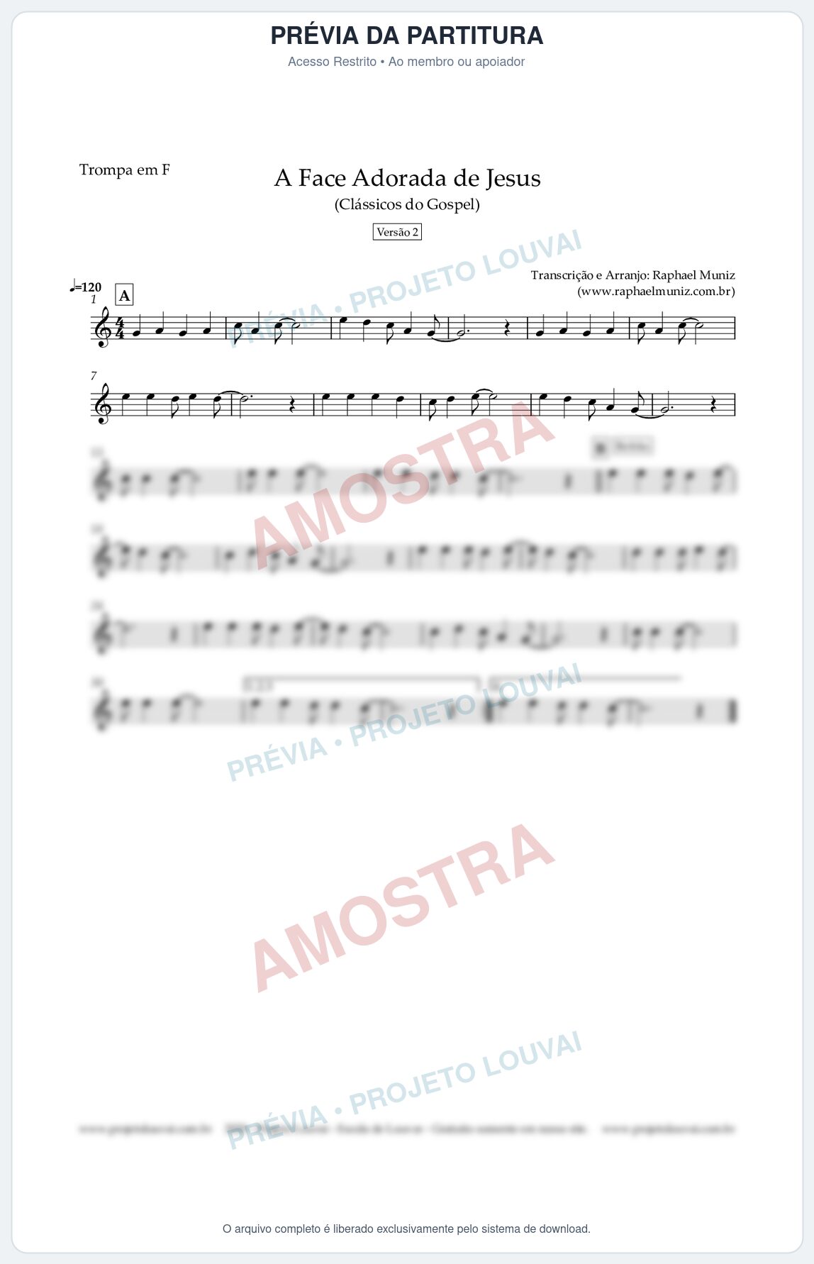 Prévia protegida da primeira página da partitura Partitura para Trompa em F - A Face Adorada de Jesus - Harpa Cristã 304 (Versão 2) (Tom F) - Clássicos do Gospel