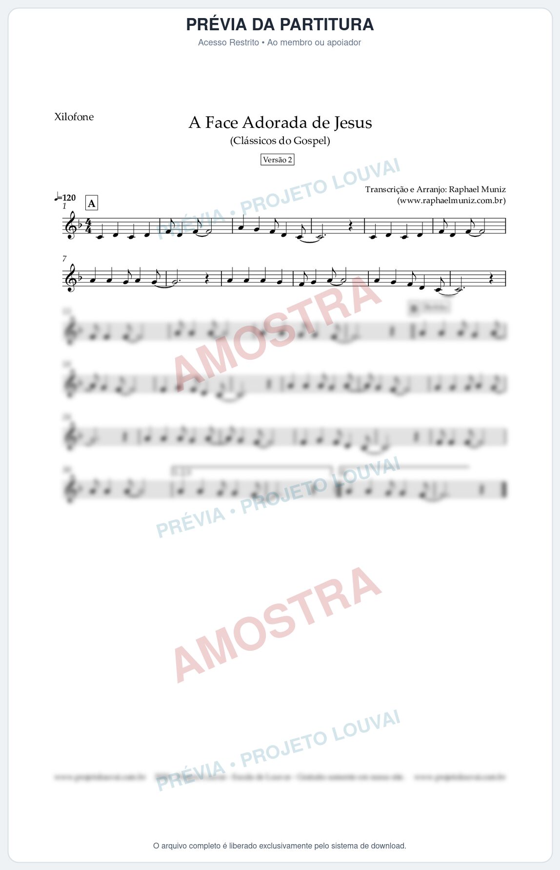 Prévia protegida da primeira página da partitura Partitura para Xilofone - A Face Adorada de Jesus - Harpa Cristã 304 (Versão 2) (Tom F) - Clássicos do Gospel