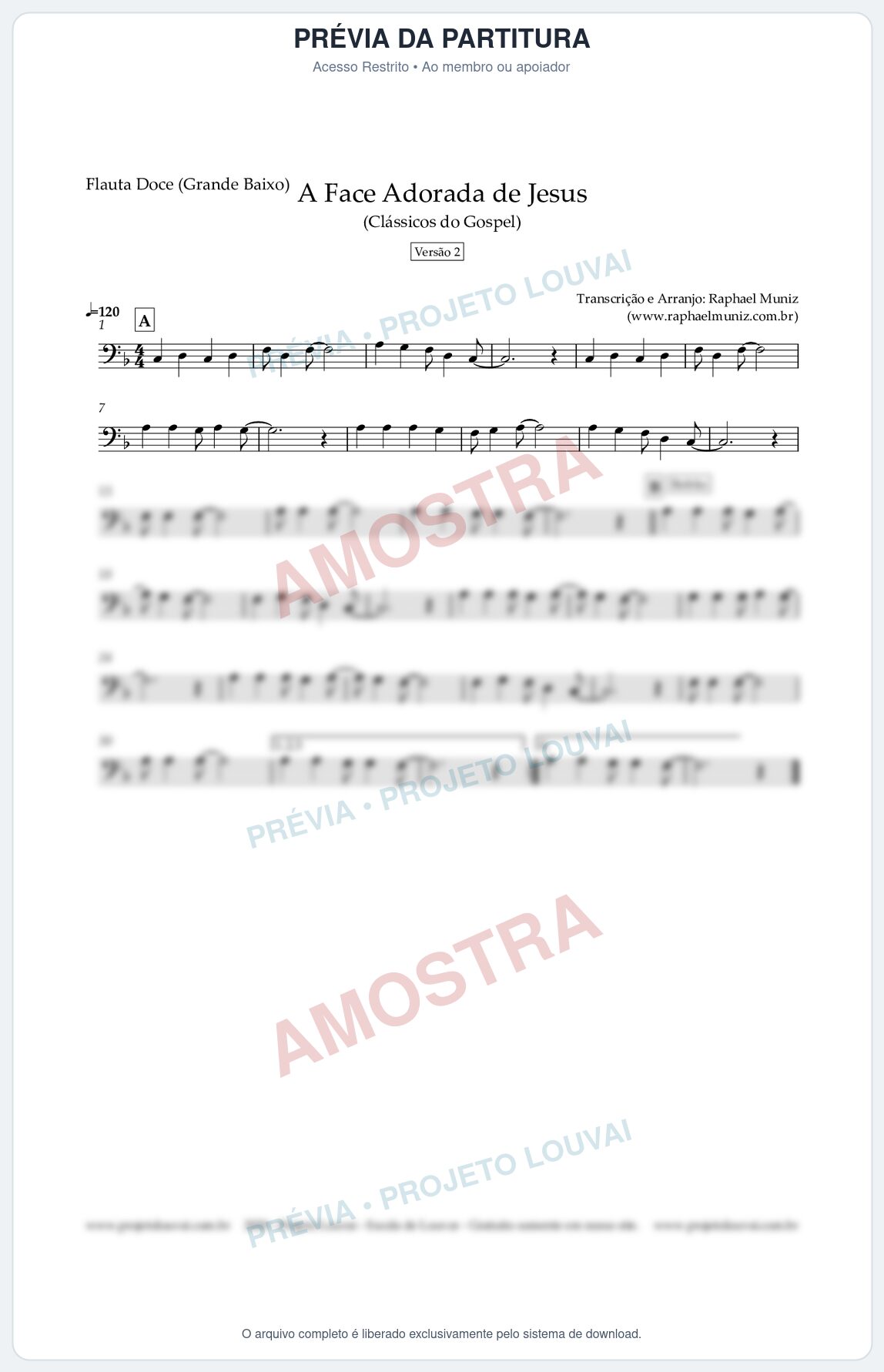 Prévia protegida da primeira página da partitura Partitura para Flauta Doce (Grande Baixo) - A Face Adorada de Jesus - Harpa Cristã 304 (Versão 2) (Tom F) - Clássicos do Gospel