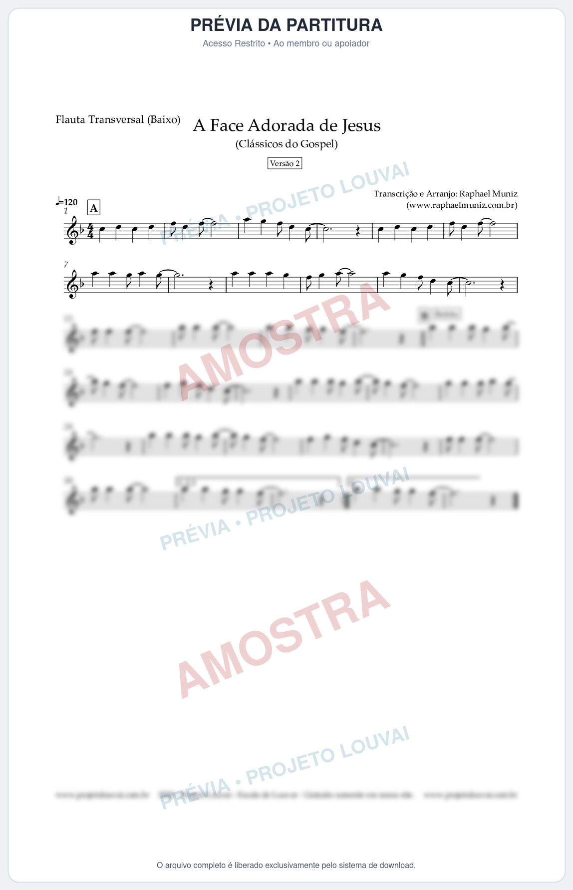 Prévia protegida da primeira página da partitura Partitura para Flauta Transversal (Baixo) - A Face Adorada de Jesus - Harpa Cristã 304 (Versão 2) (Tom F) - Clássicos do Gospel