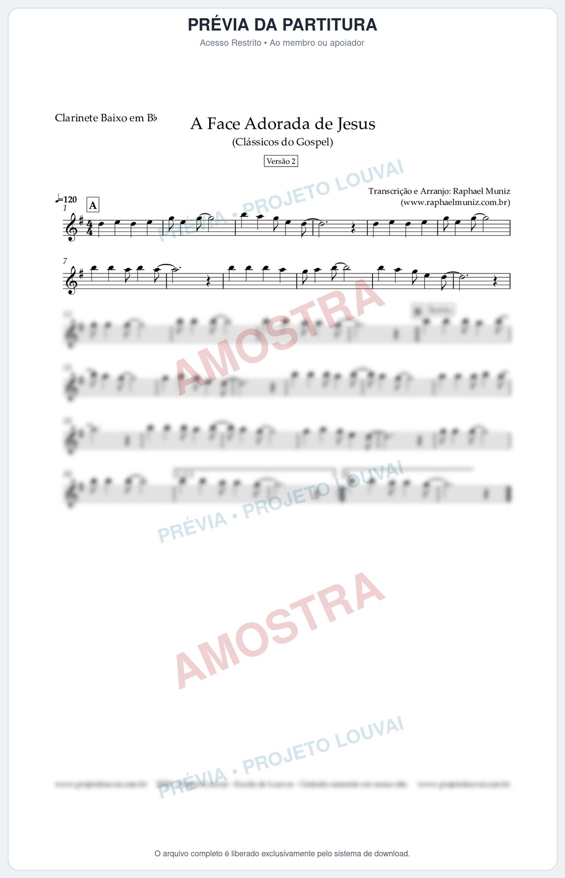 Prévia protegida da primeira página da partitura Partitura para Clarinete Baixo em Bb - A Face Adorada de Jesus - Harpa Cristã 304 (Versão 2) (Tom F) - Clássicos do Gospel