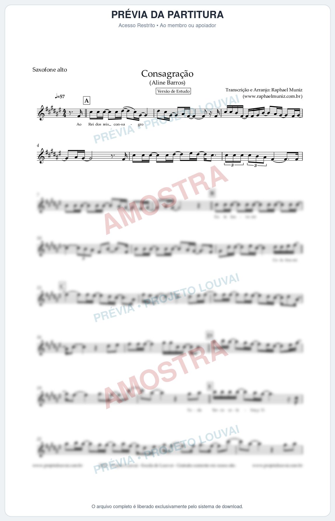 Prévia protegida da primeira página da partitura Partitura para Saxofone Alto - Consagração (Versão de Estudo) (Tom A) - Aline Barros