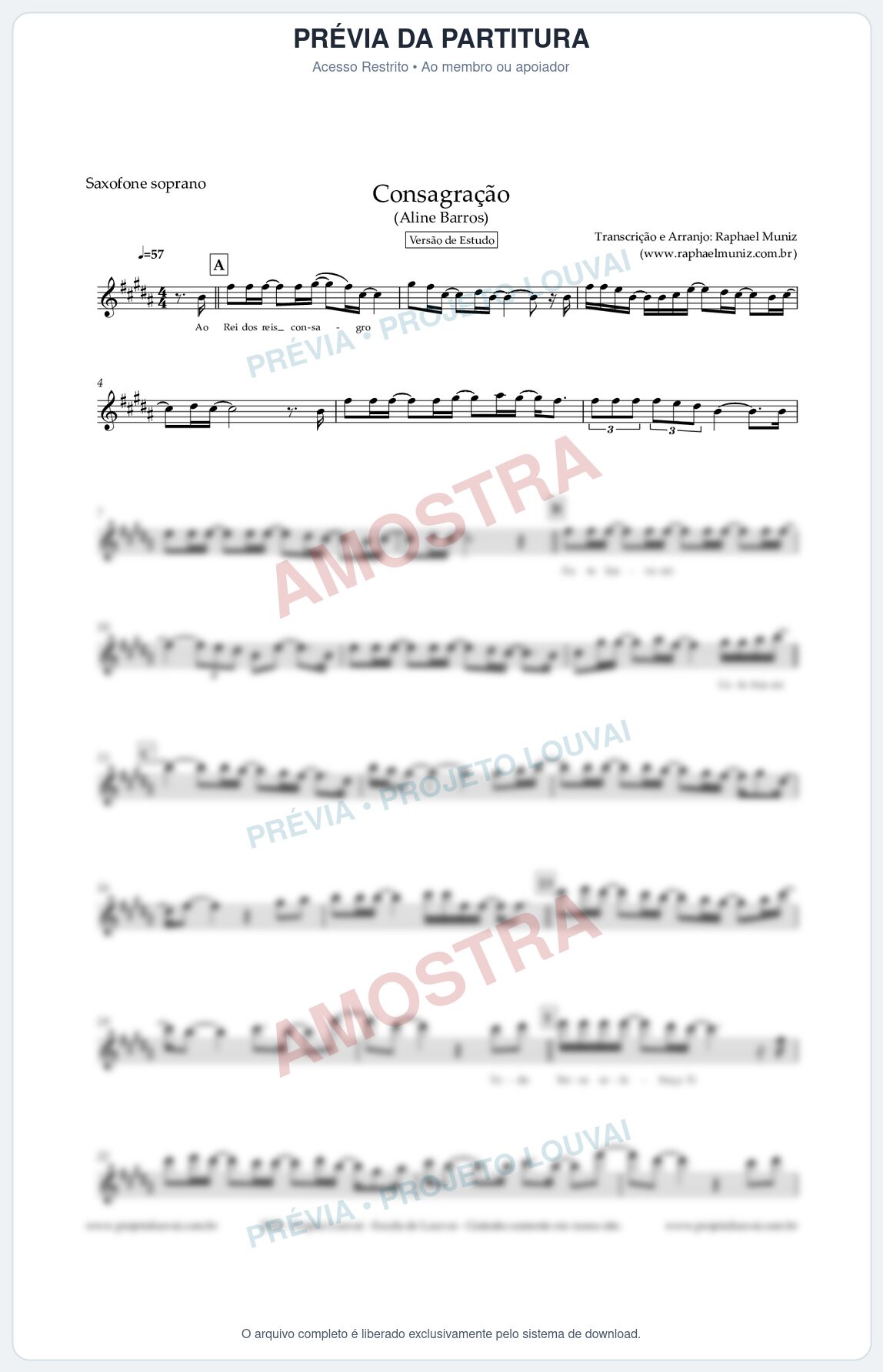 Prévia protegida da primeira página da partitura Partitura para Saxofone Soprano - Consagração (Versão de Estudo) (Tom A) - Aline Barros