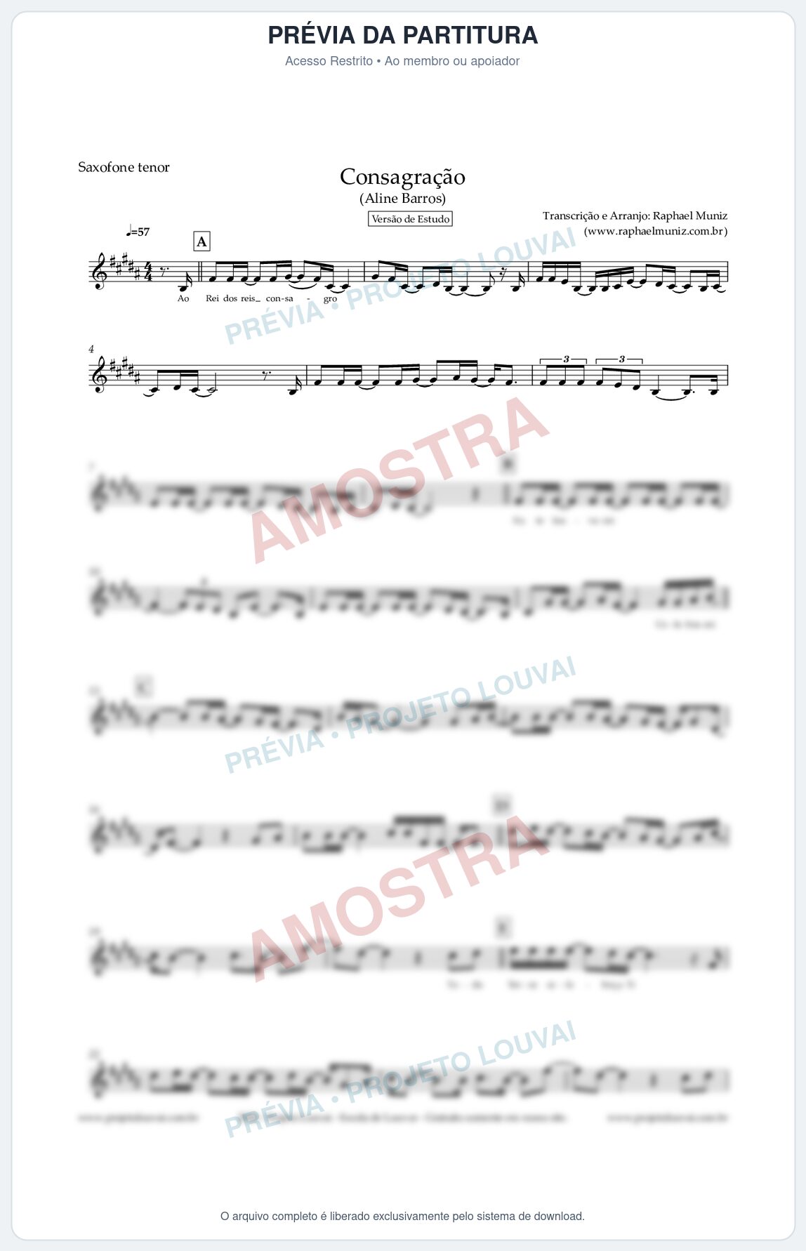 Prévia protegida da primeira página da partitura Partitura para Saxofone Tenor - Consagração (Versão de Estudo) (Tom A) - Aline Barros
