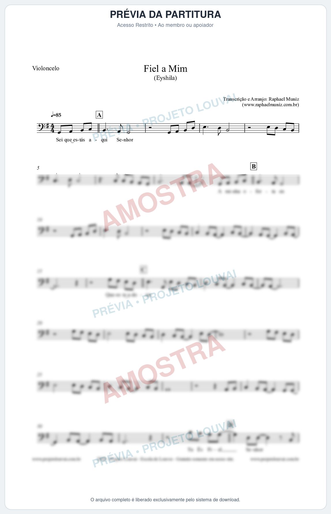 Prévia protegida da primeira página da partitura Partitura para Violoncelo - Fiel a Mim (Tom G) - Eyshila