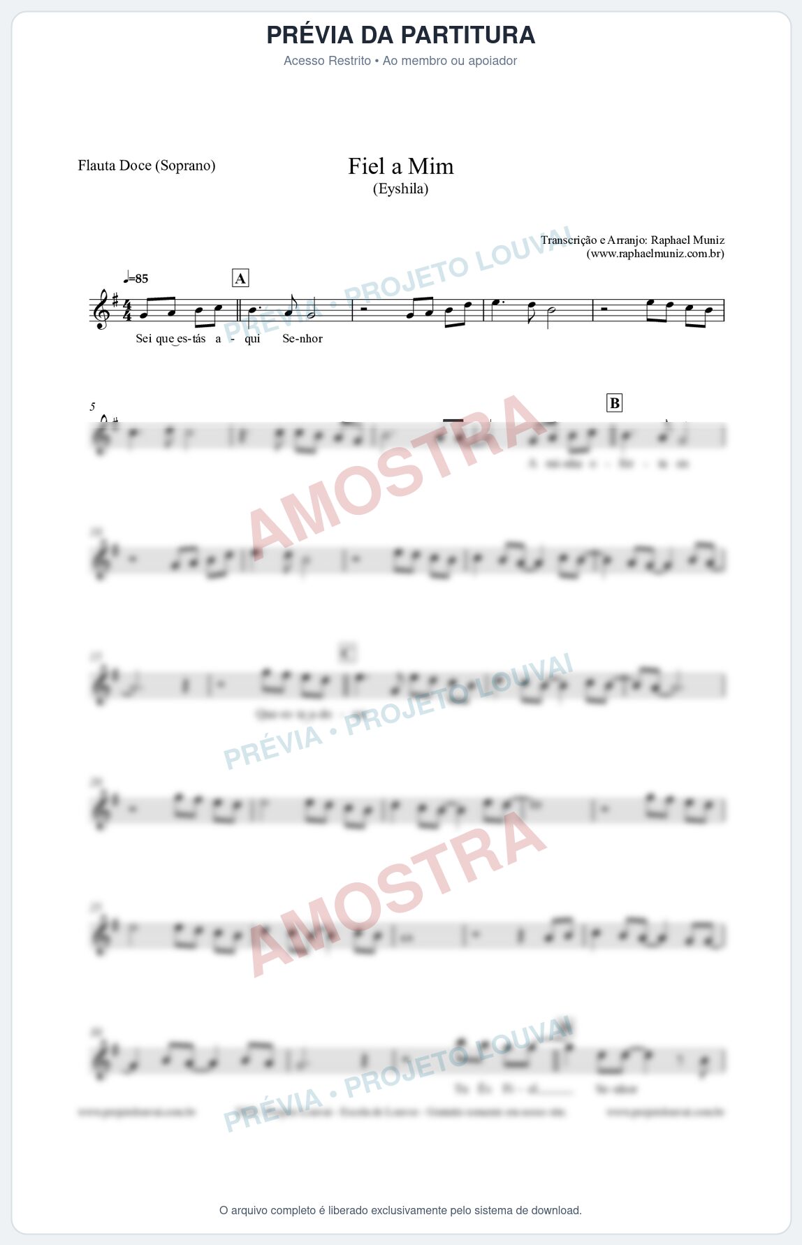Prévia protegida da primeira página da partitura Partitura para Flauta Doce (Soprano) - Fiel a Mim (Tom G) - Eyshila