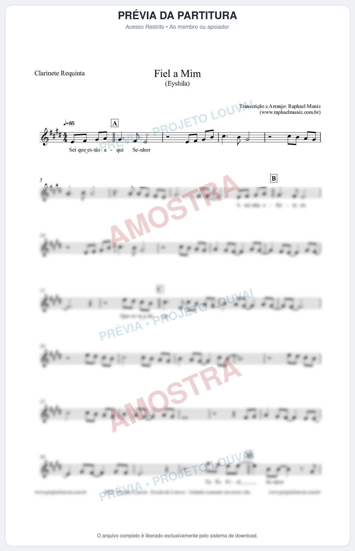 Prévia protegida da primeira página da partitura Partitura para Clarinete Requinta - Fiel a Mim (Tom G) - Eyshila