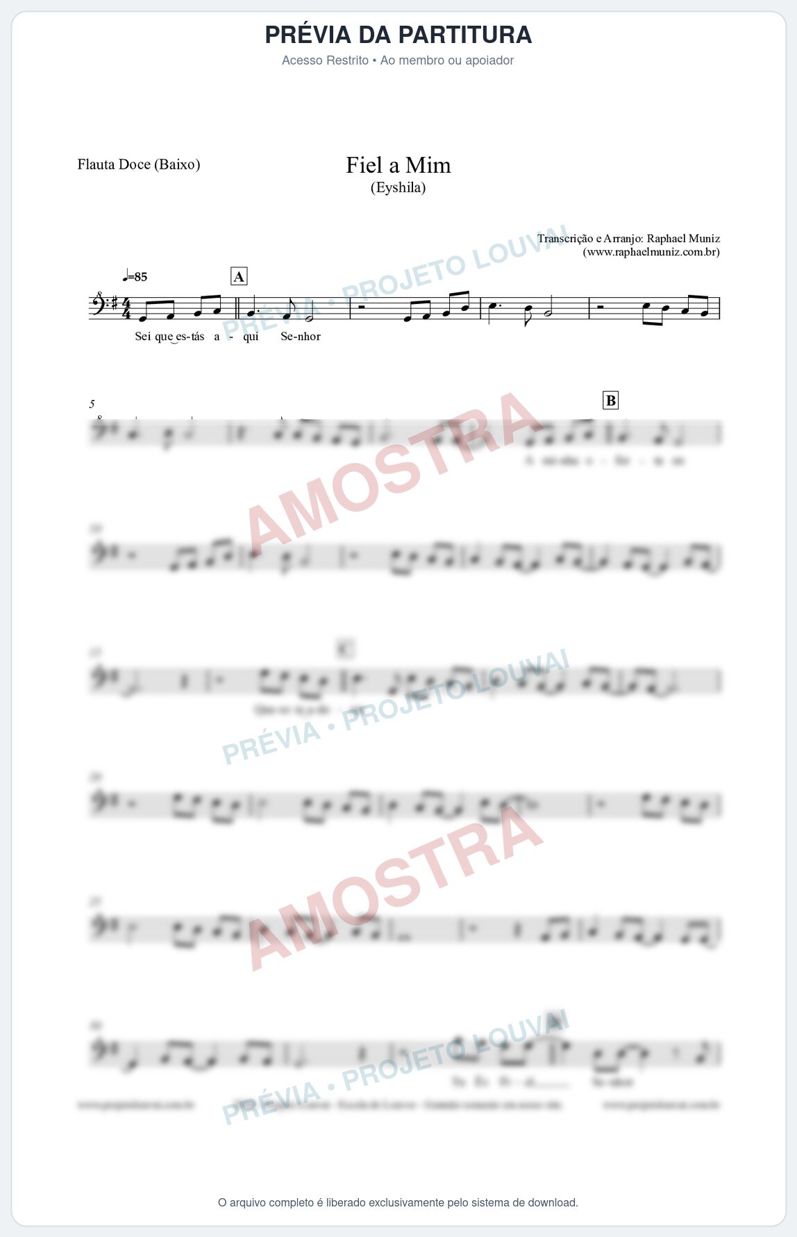Prévia protegida da primeira página da partitura Partitura para Flauta Doce (Baixo) - Fiel a Mim (Tom G) - Eyshila