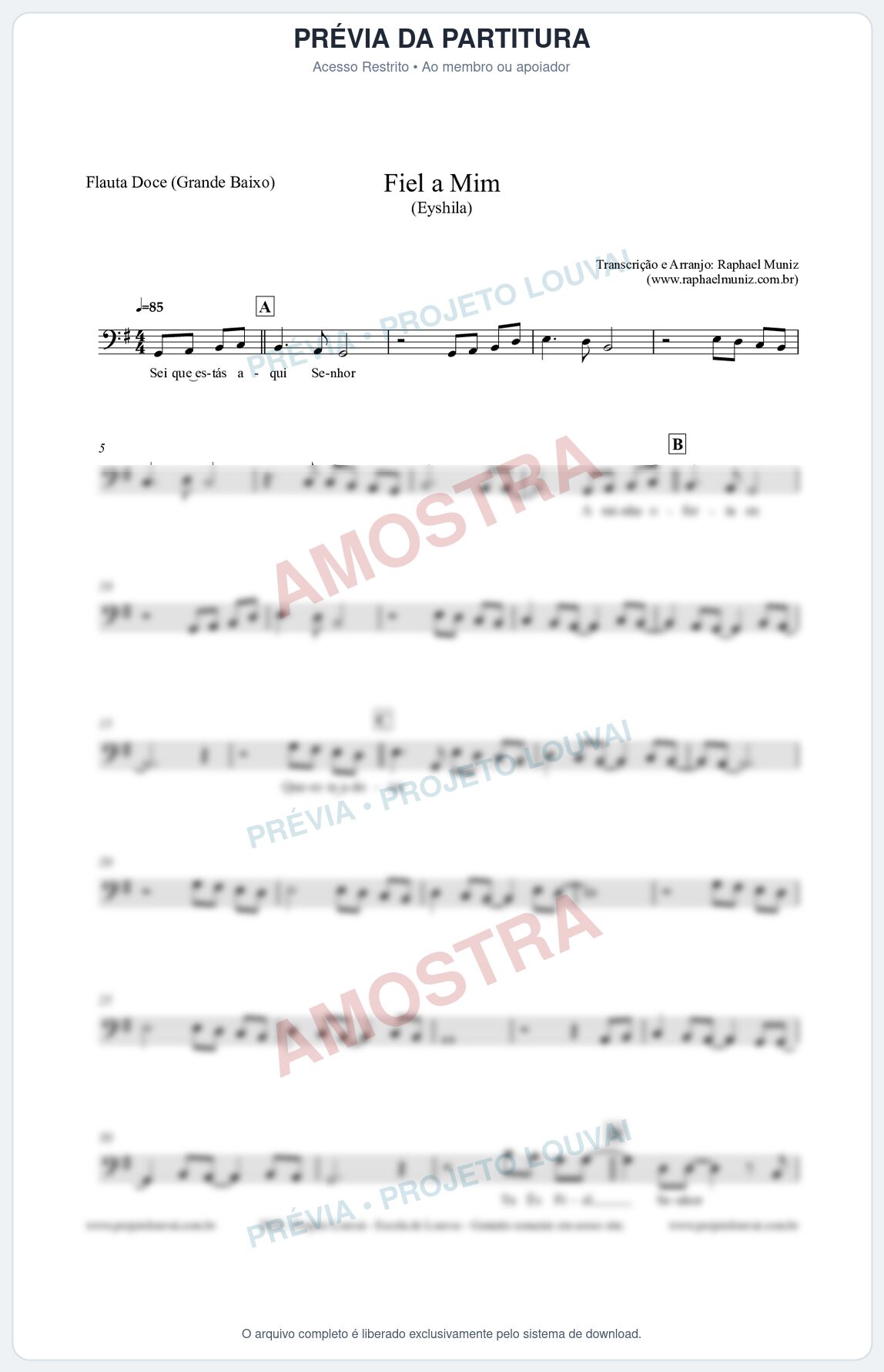 Prévia protegida da primeira página da partitura Partitura para Flauta Doce (Grande Baixo) - Fiel a Mim (Tom G) - Eyshila