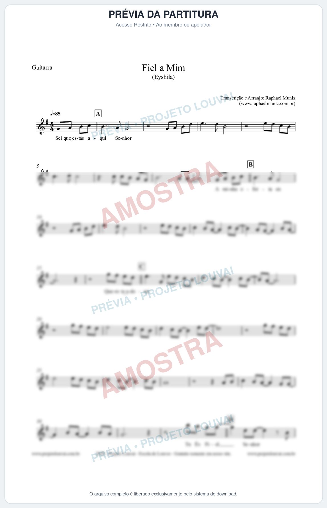 Prévia protegida da primeira página da partitura Partitura para Guitarra - Fiel a Mim (Tom G) - Eyshila