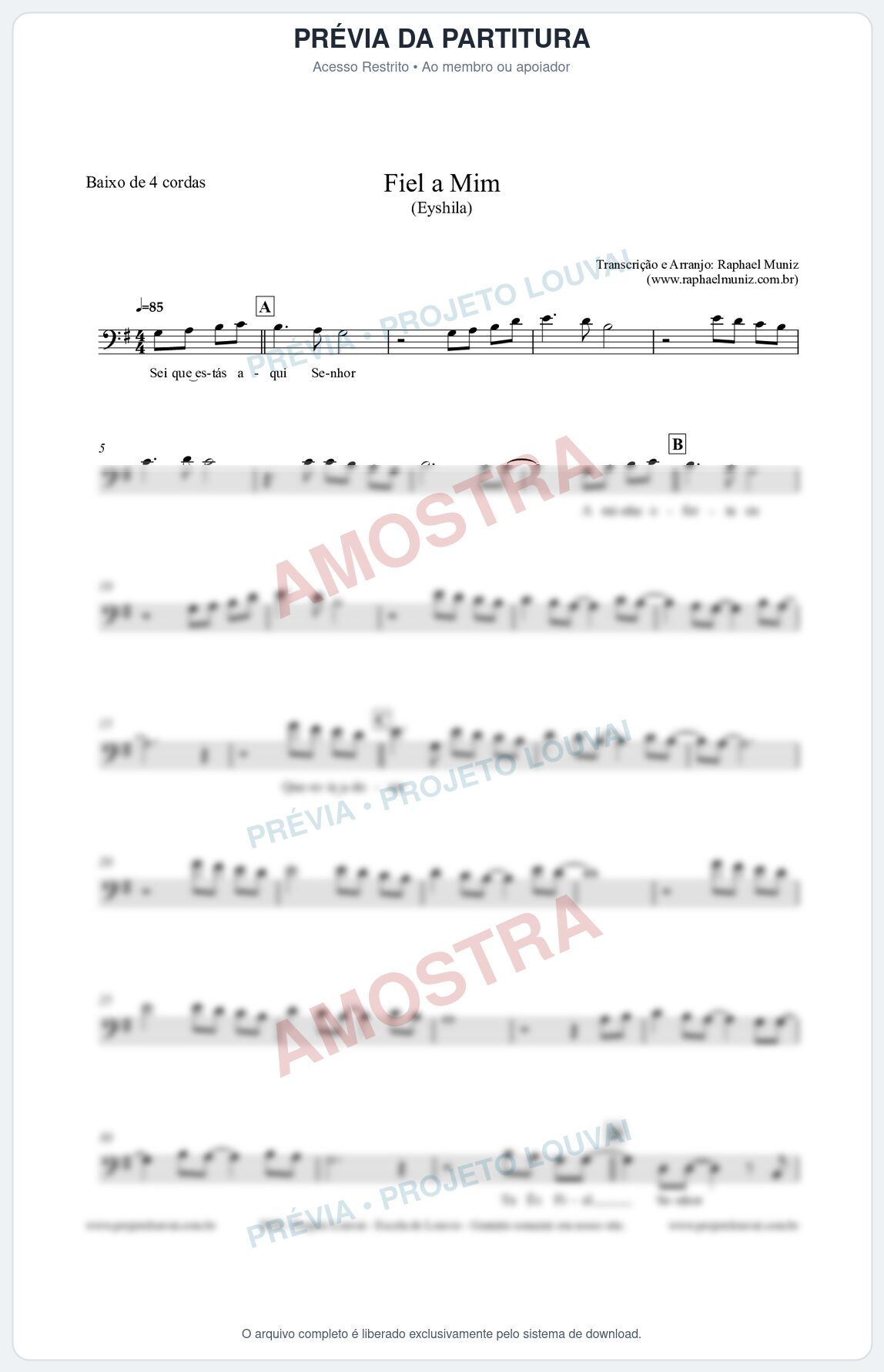 Prévia protegida da primeira página da partitura Partitura para Baixo de 4 cordas - Fiel a Mim (Tom G) - Eyshila